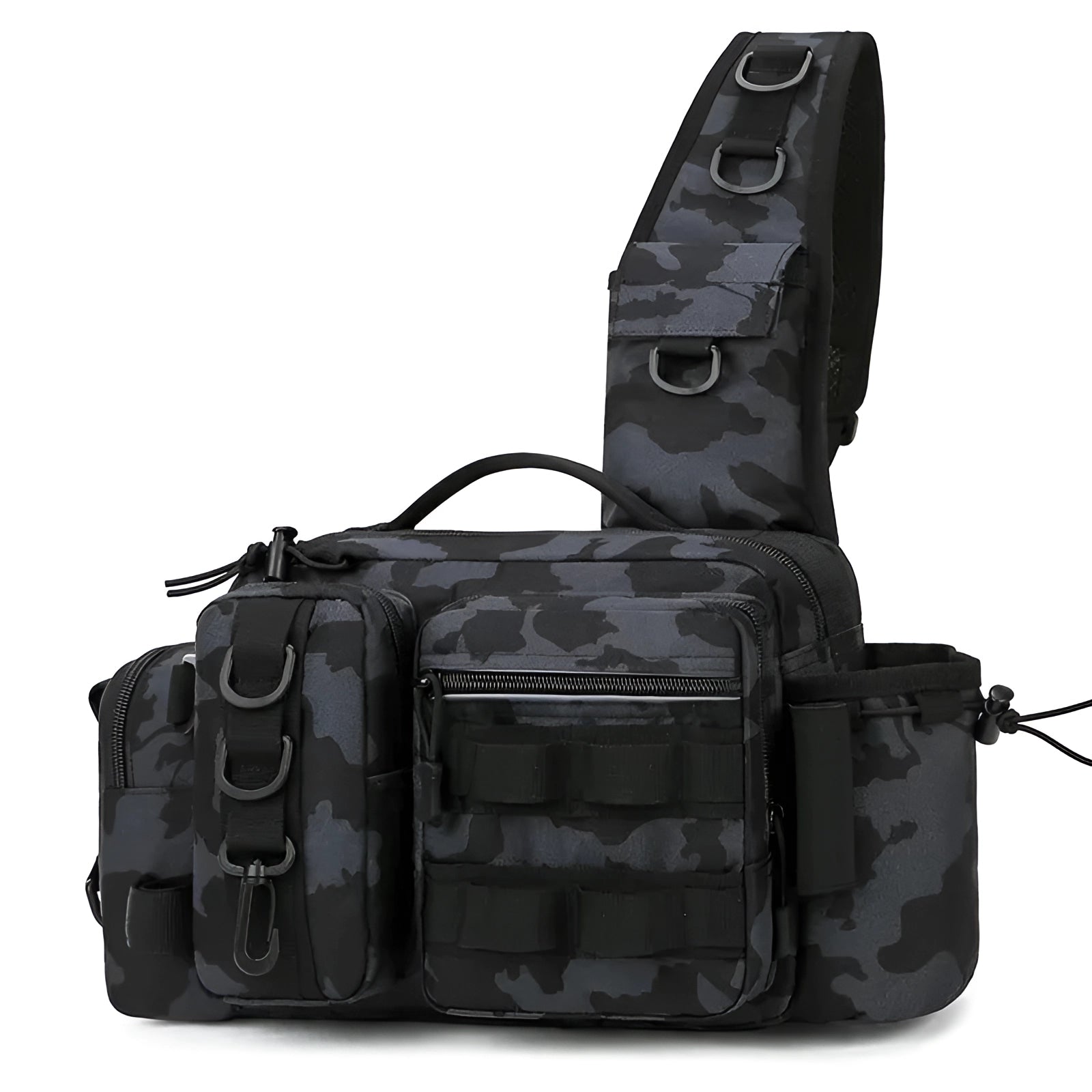 Camouflage tactical fishing backpack in black camo design featuring multiple compartments, a rod holder, and adjustable straps, ideal for travel and outdoor activities.