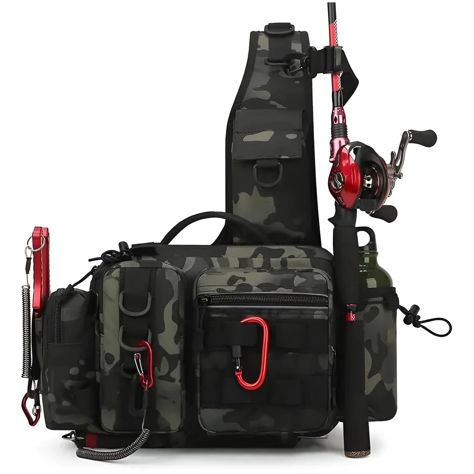 Camouflage tactical fishing backpack with waterproof material and built-in rod holder, designed for outdoor enthusiasts.