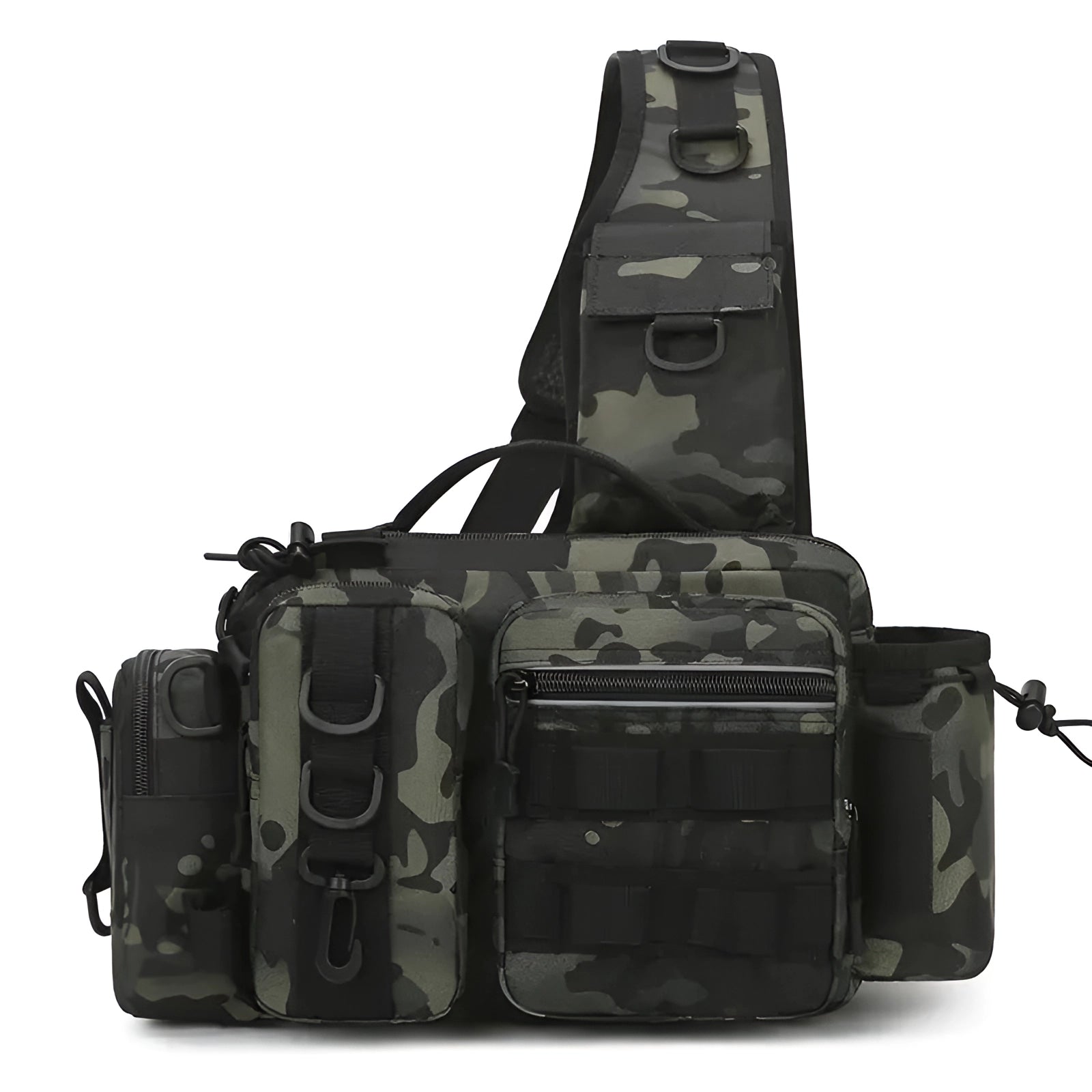 Camouflage tactical fishing backpack in Black CP, featuring a waterproof design with a built-in rod holder, ideal for outdoor adventures and fishing trips.