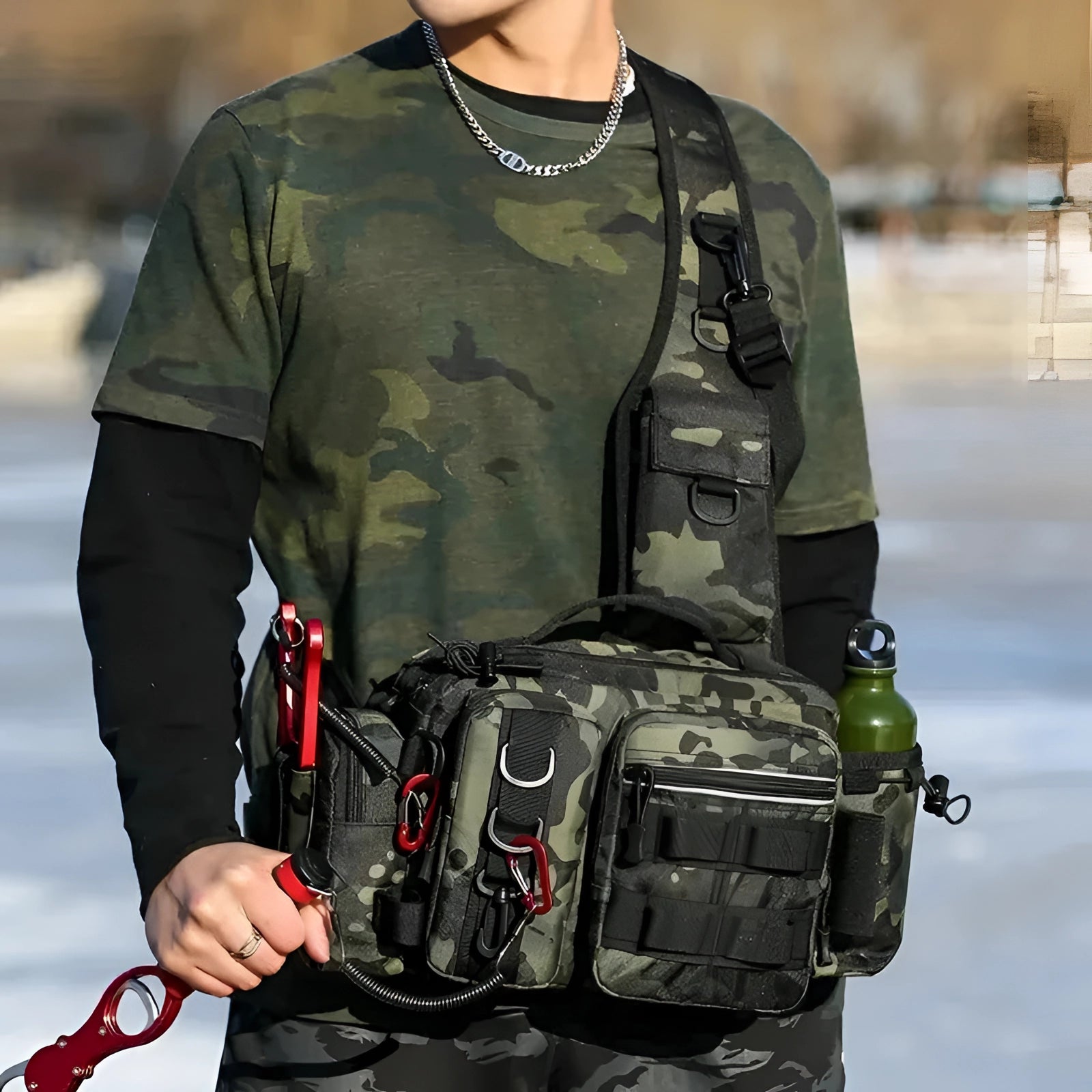 Camouflage tactical fishing backpack with rod holder, featuring multiple compartments and a durable design, ideal for outdoor activities.