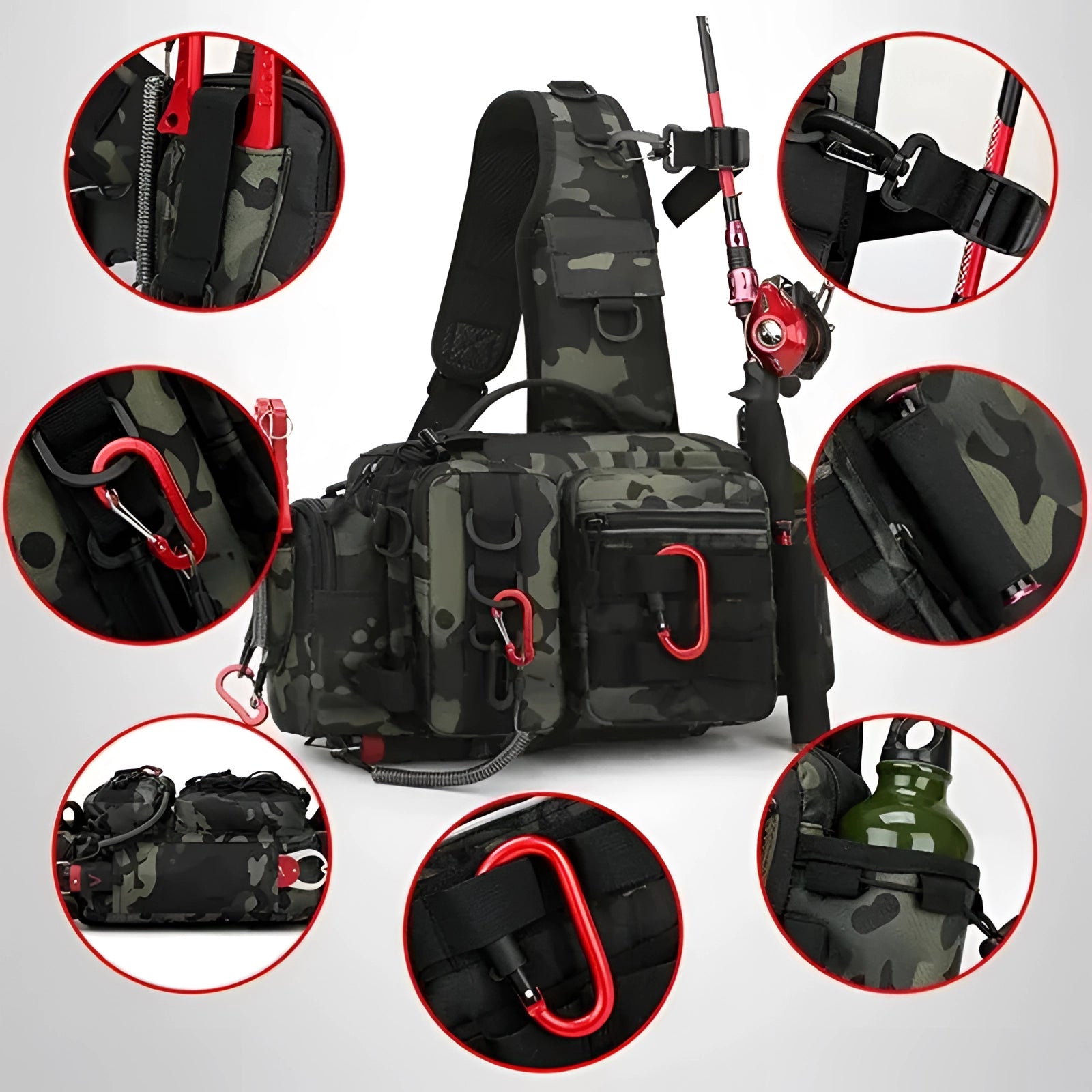 A camouflage tactical fishing backpack with waterproof material and a built-in rod holder, designed for outdoor fishing adventures.