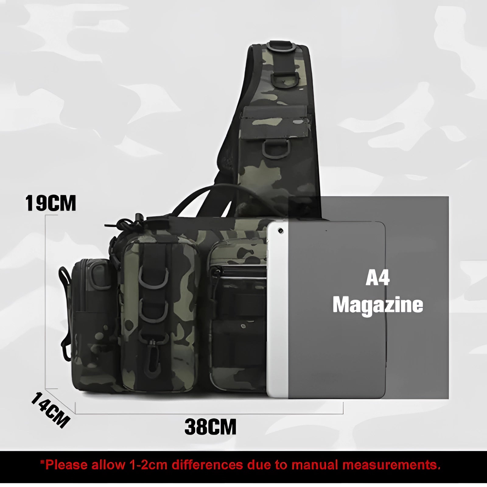 Camouflage tactical fishing backpack featuring a waterproof design and a built-in rod holder, ideal for outdoor fishing trips.