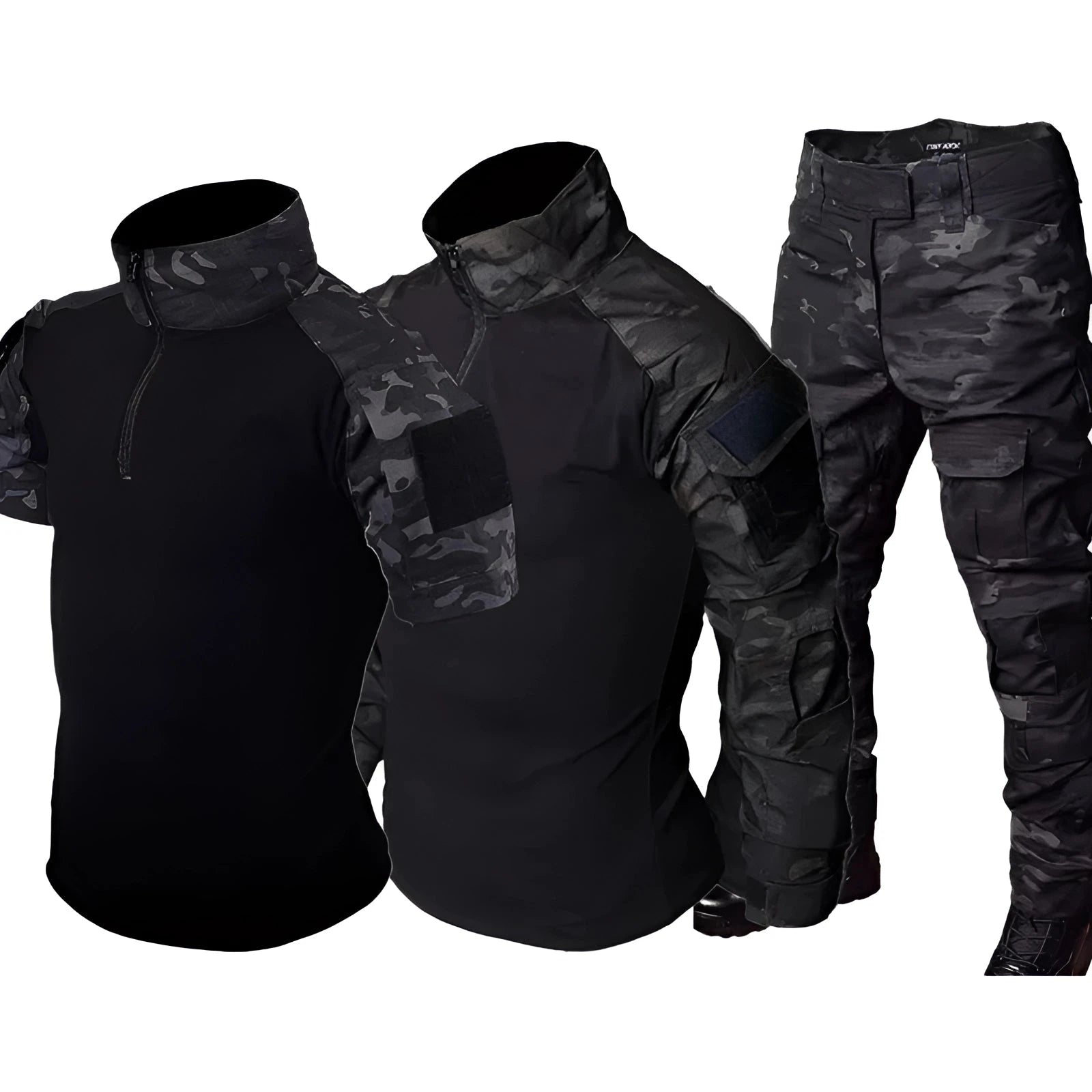 Camouflage tactical gear three-piece set in size 3XL-40, featuring a quick-dry combat shirt with long sleeves and a collar, and matching military pants, designed for outdoor and combat activities.