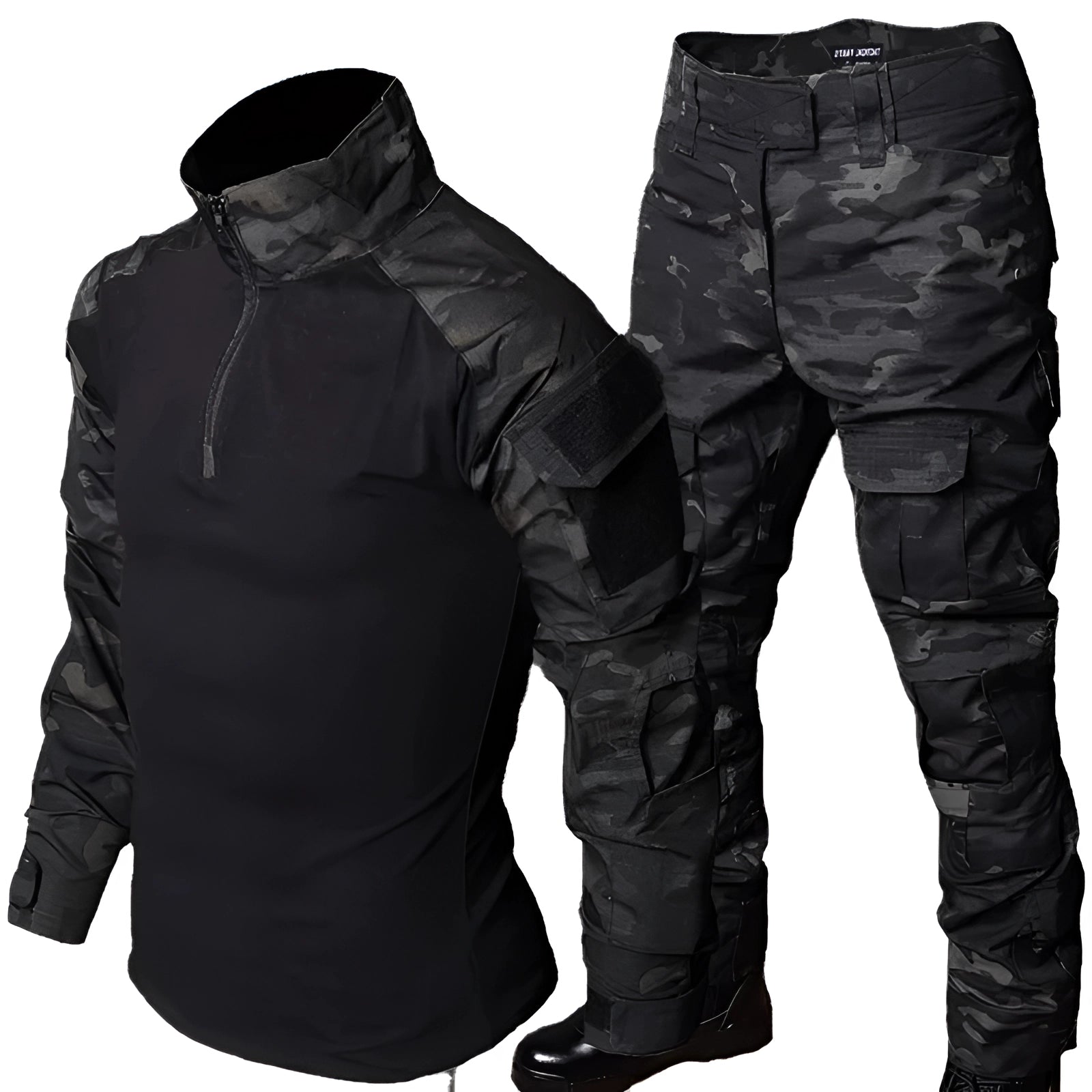 Camouflage tactical gear set featuring a quick-dry combat shirt with long sleeves and military cargo pants, designed for workwear and outdoor activities.