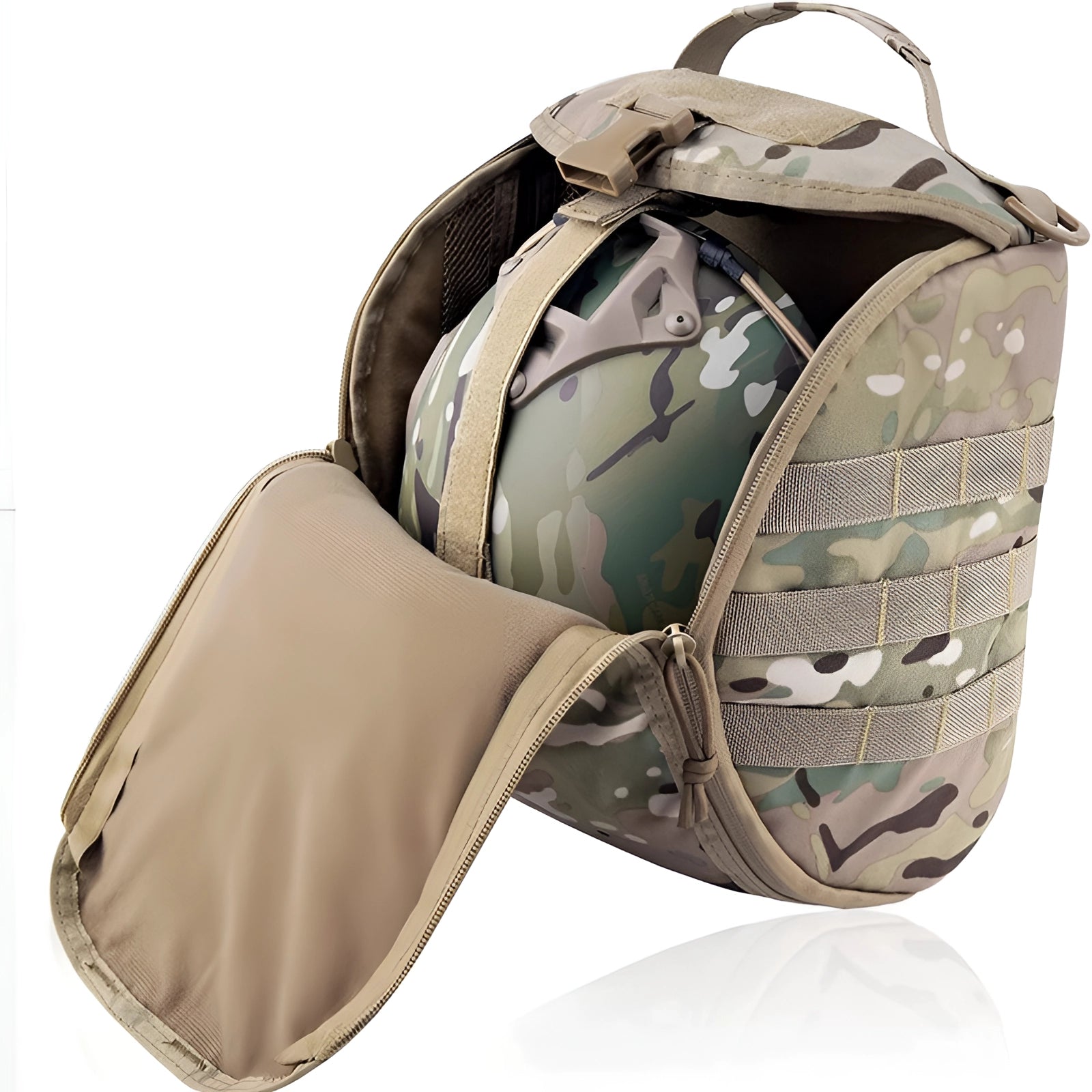 Camouflage tactical helmet bag in beige with MOLLE padding, featuring military camouflage pattern and multiple compartments for carrying gear, designed for comfort and durability.