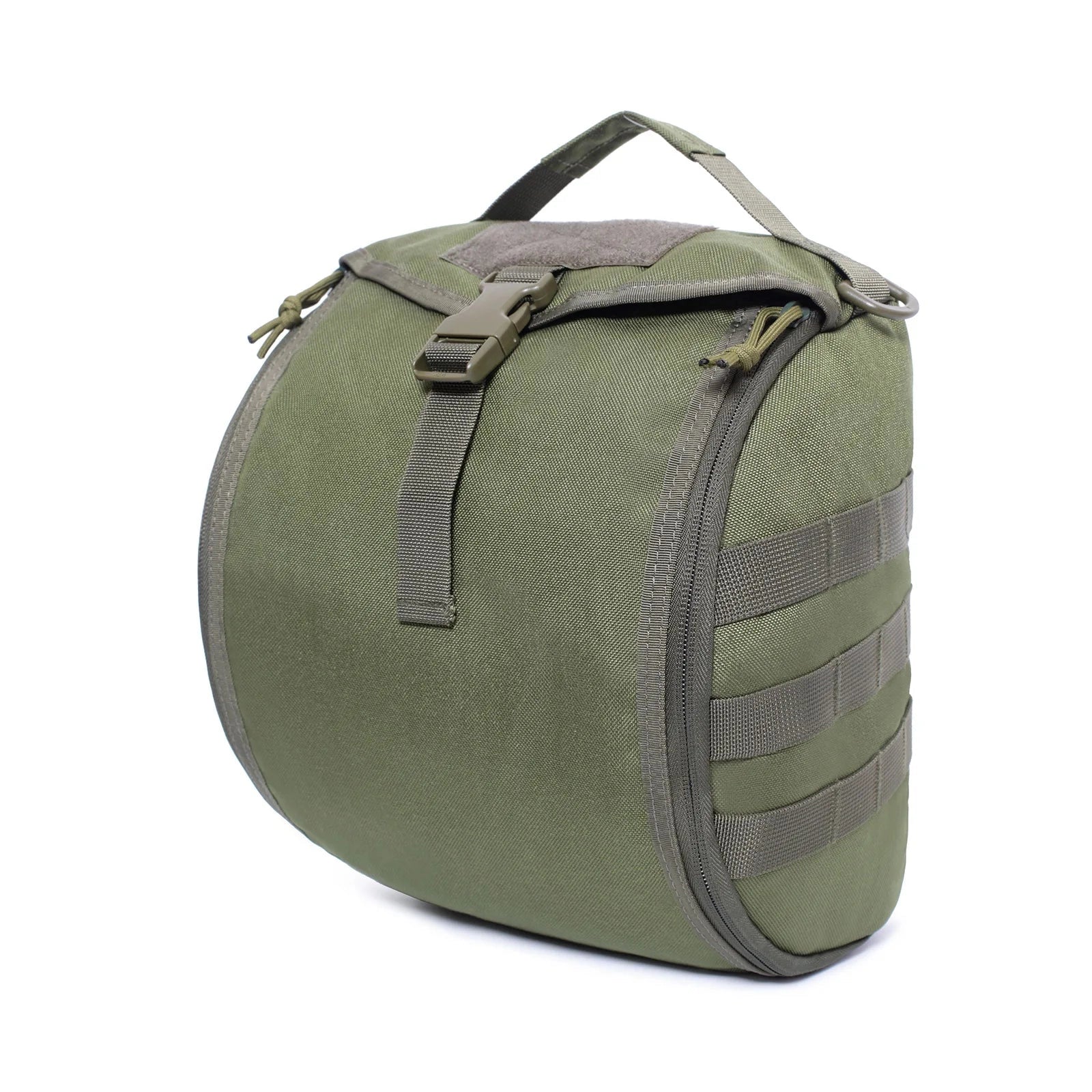 Camouflage green tactical helmet bag with MOLLE padding, designed for carrying military gear, featuring a durable composite material with a distinct pattern.