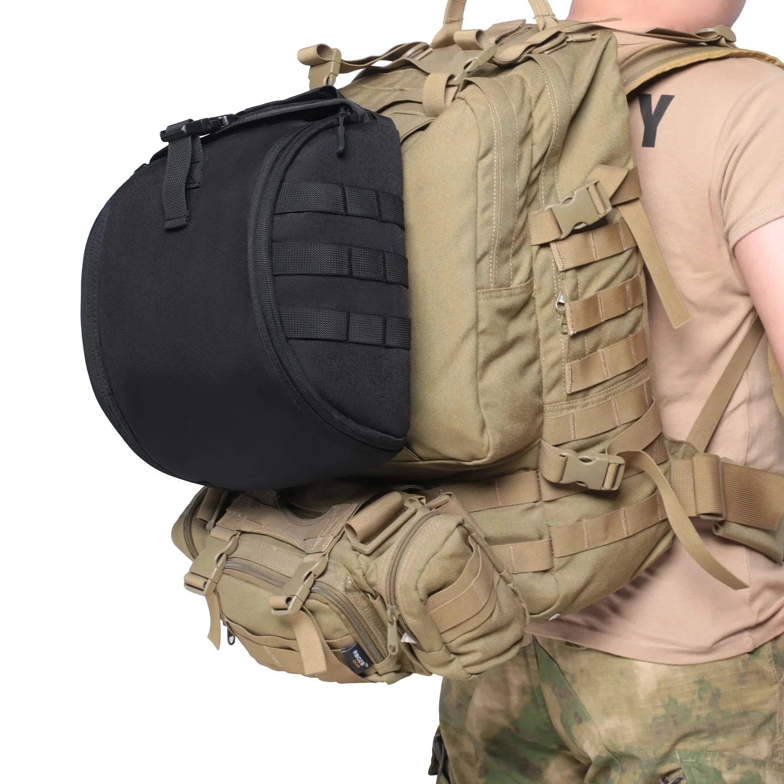 Camouflage tactical helmet bag designed for military gear, featuring MOLLE webbing and padded compartments, with a camouflage pattern.