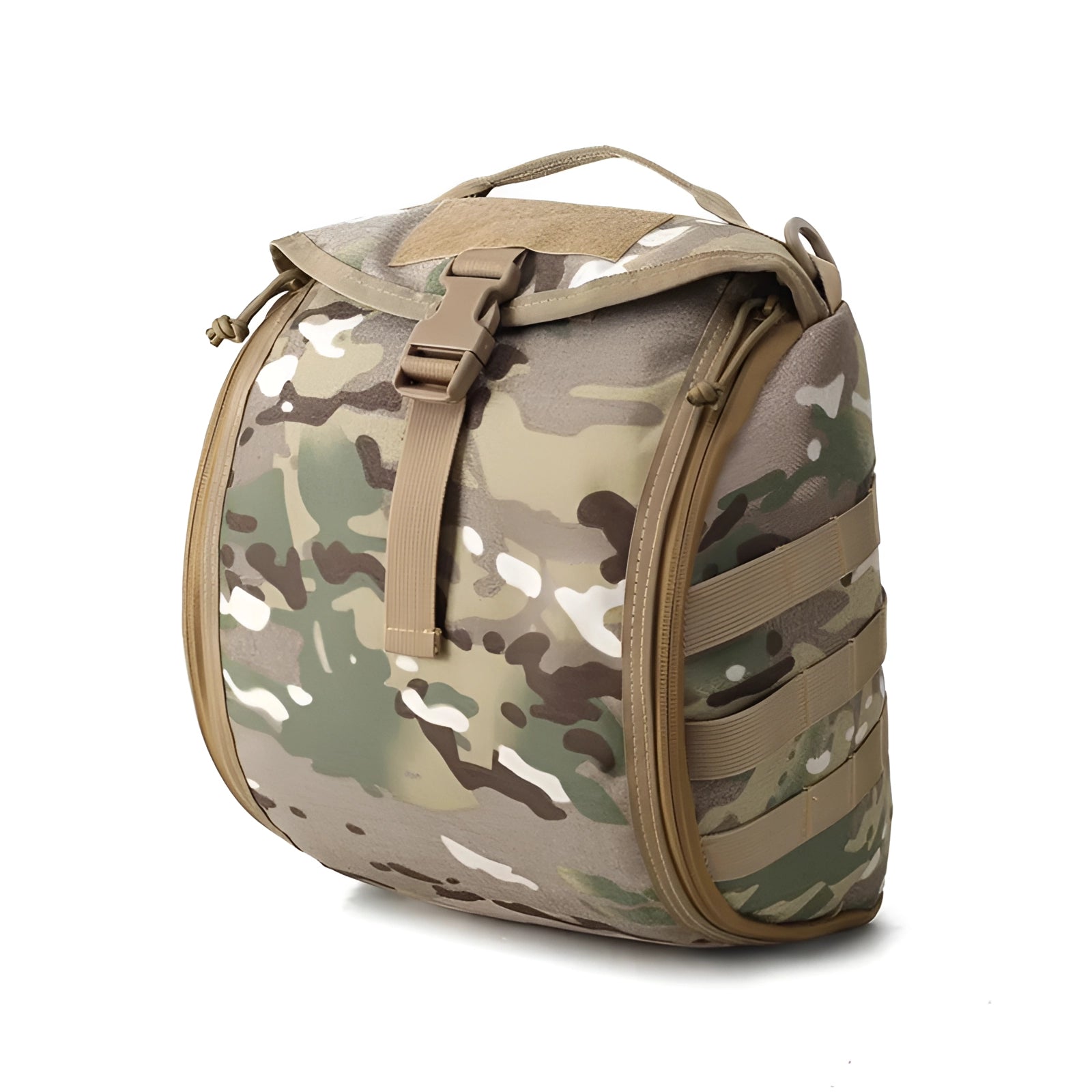 Camouflage Tactical Helmet Bag with MOLLE padding for military gear, featuring a camouflage pattern and durable construction.