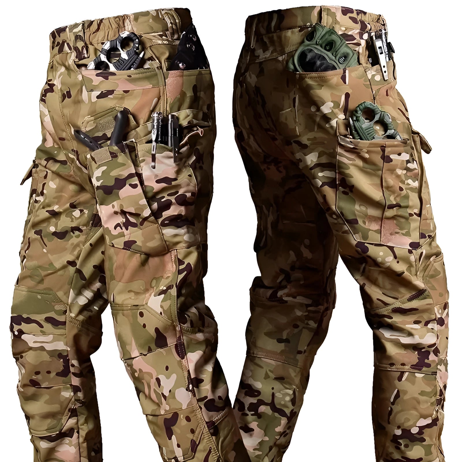 Camouflage tactical motorcycle pants designed with flame and abrasion resistance, featuring cargo pockets and a military camouflage pattern.