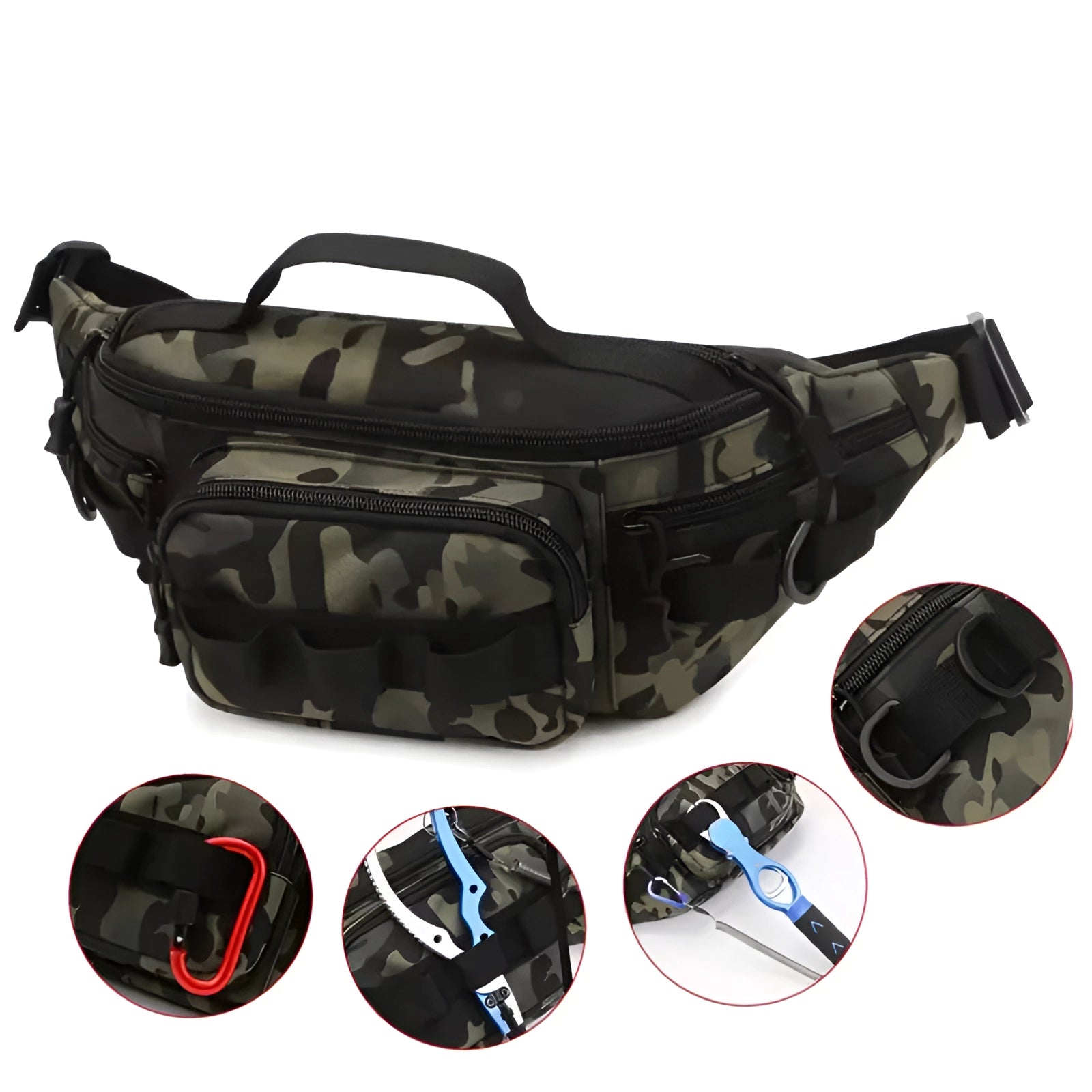 Camouflage tactical waist bag with multiple compartments, designed for durability and security, featuring a rugged exterior suitable for outdoor activities.