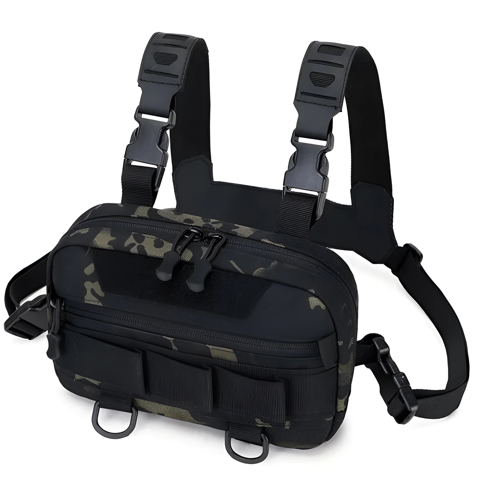 Camouflage tactical waist bag with multiple compartments and adjustable straps, designed for military use and utility purposes.