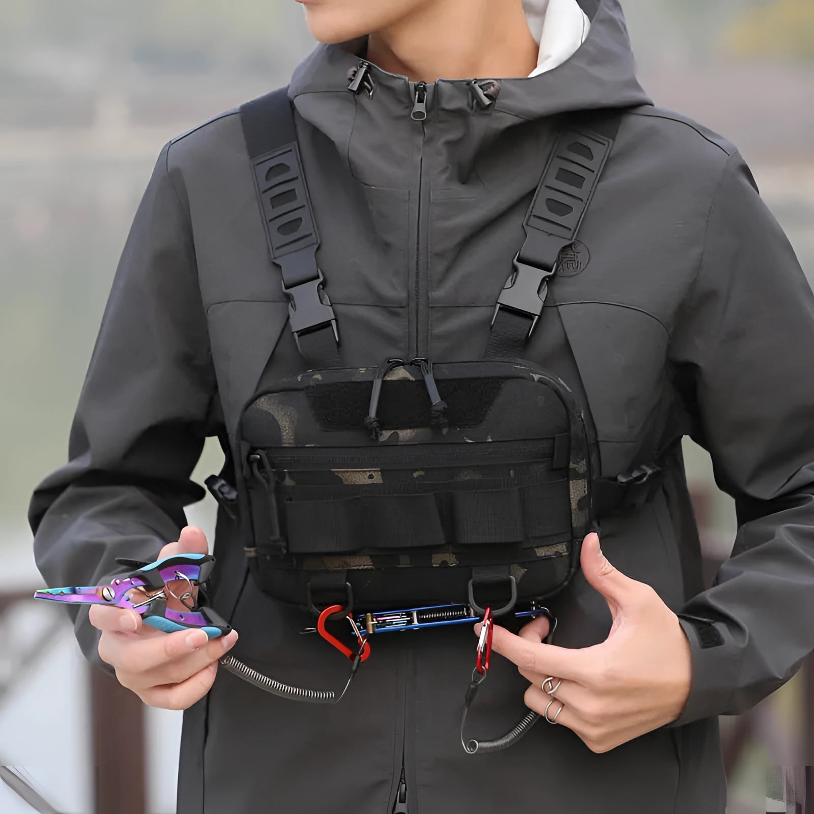 Camouflage tactical waist bag designed as a military chest rig utility pouch, featuring multiple compartments and adjustable straps, showcased on a person wearing a white ballistic vest.