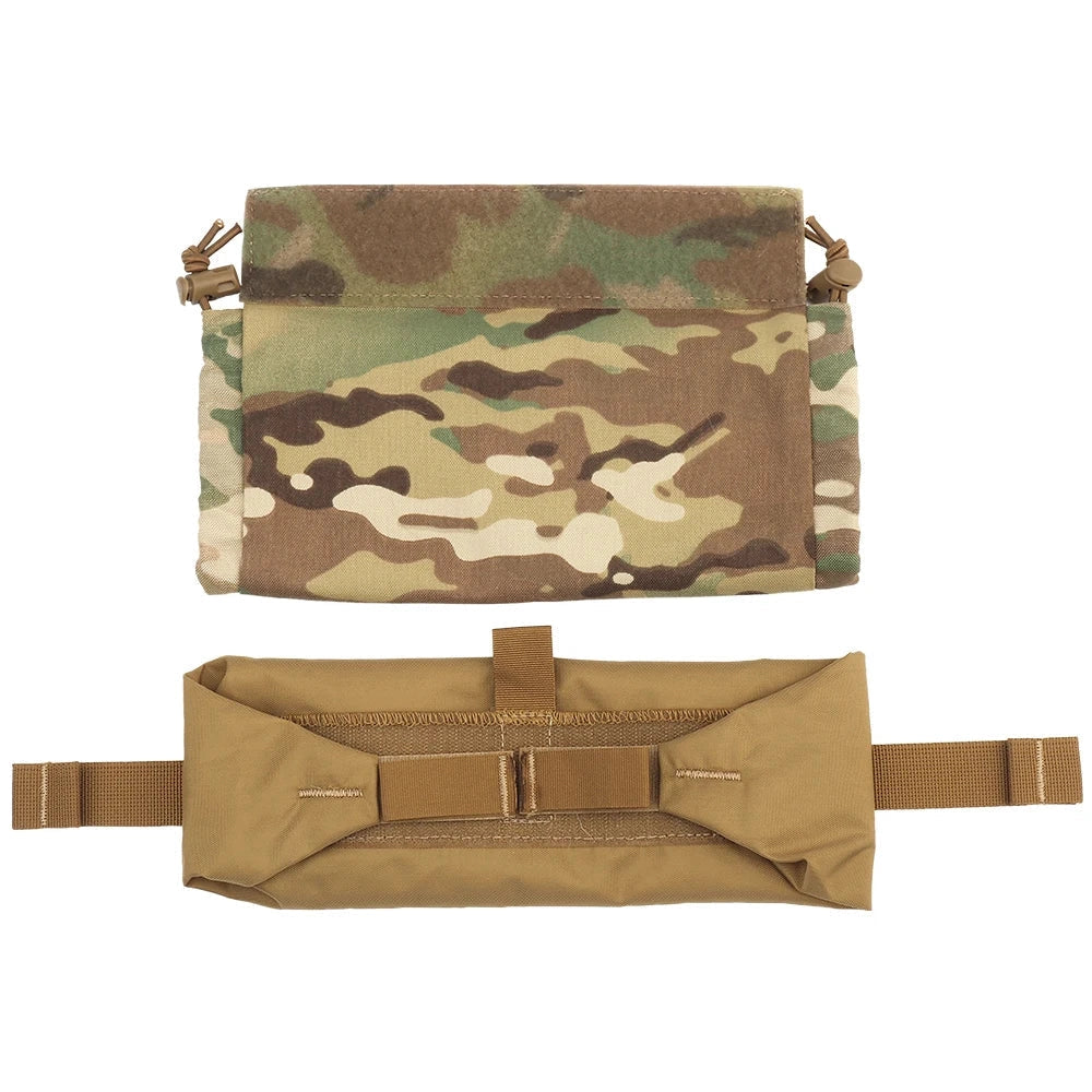 Camouflage utility pouch with military multi-pocket design in brown and khaki, rectangular shape, featuring a camouflage pattern.