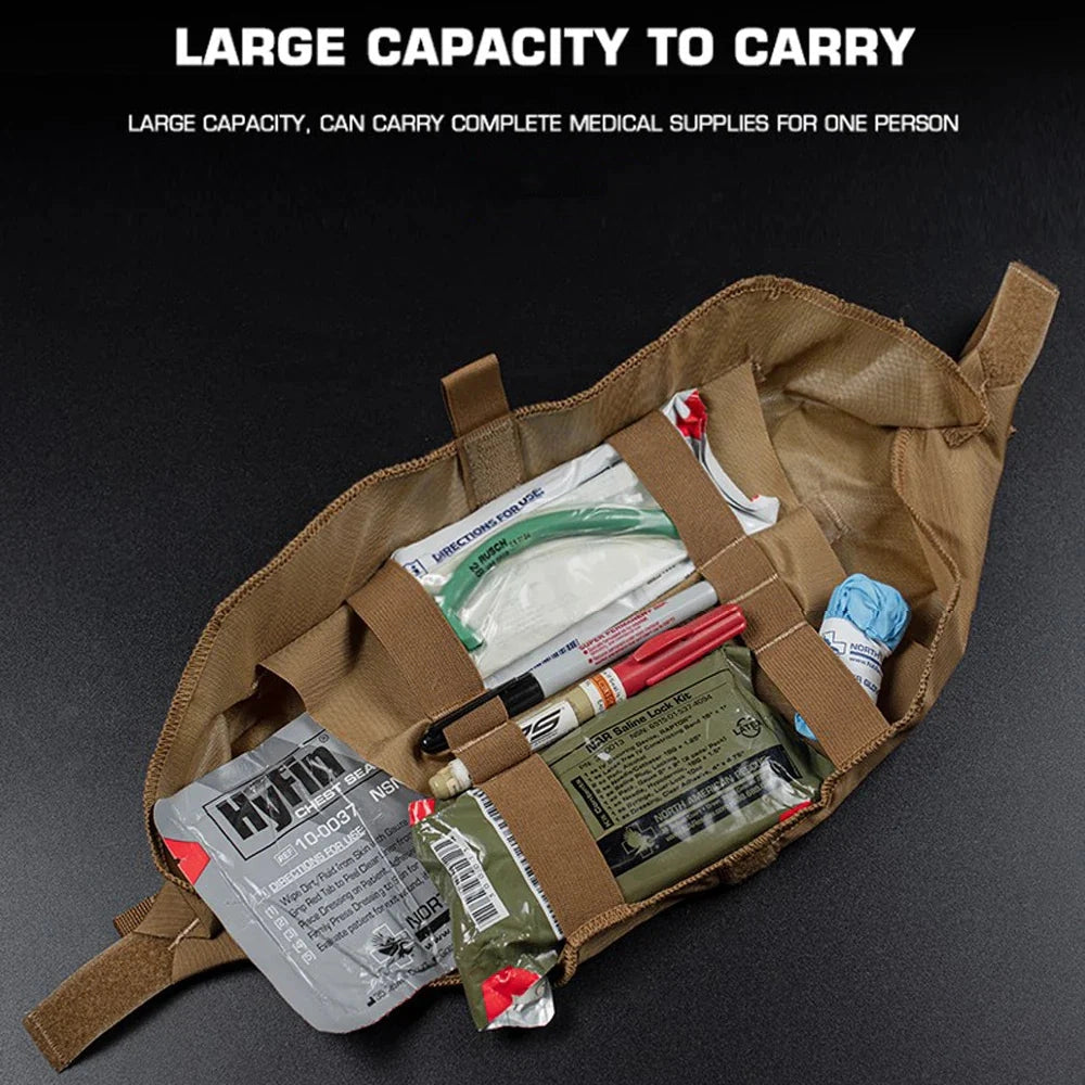 Camouflage utility pouch with multiple pockets, designed for military and survival use.