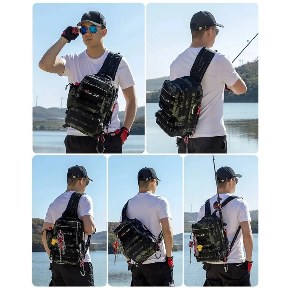 Camouflage waterproof tactical fishing backpack with rod holder, featuring multiple compartments and sturdy straps, designed for outdoor activities.