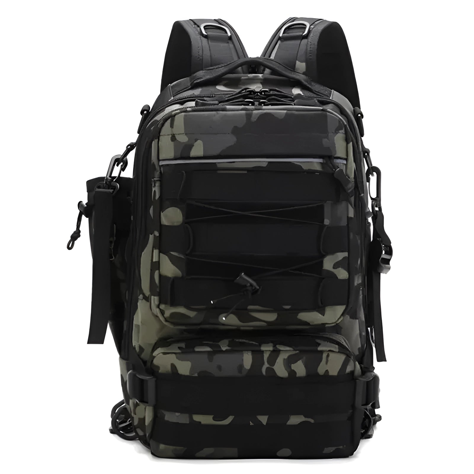 Camouflage waterproof tactical fishing backpack with rod holder in Black CP design, featuring multiple compartments and durable zippers, suitable for travel and outdoor recreation.