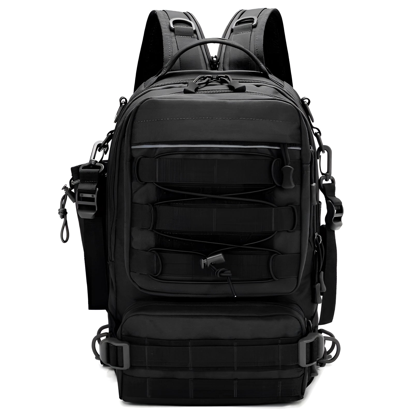 Black camouflage waterproof tactical fishing backpack with rod holder, featuring a rectangular shape and multiple compartments, designed for travel and outdoor activities.