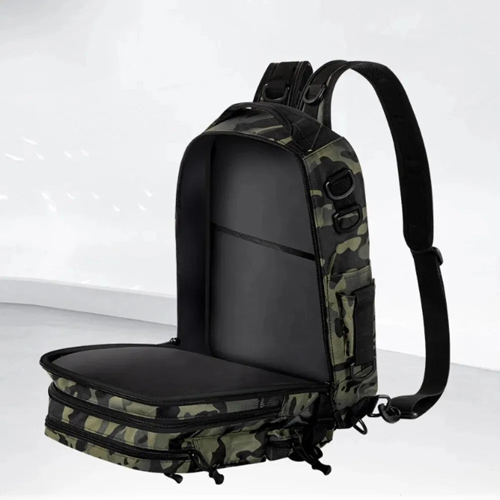 Camouflage waterproof tactical fishing backpack with multiple compartments, featuring a rod holder, displayed in a still life setting.