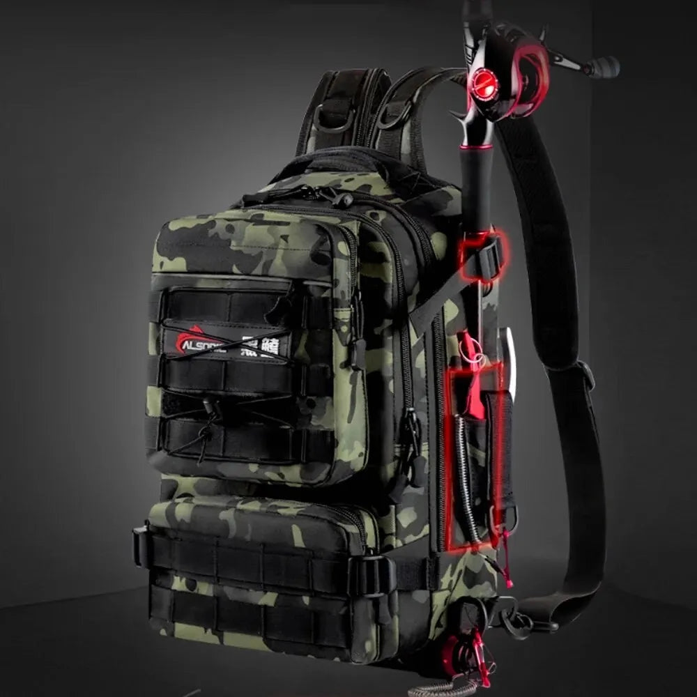 Camouflage waterproof tactical fishing backpack with rod holder, designed for outdoor use, featuring multiple compartments and sturdy straps for carrying fishing gear.