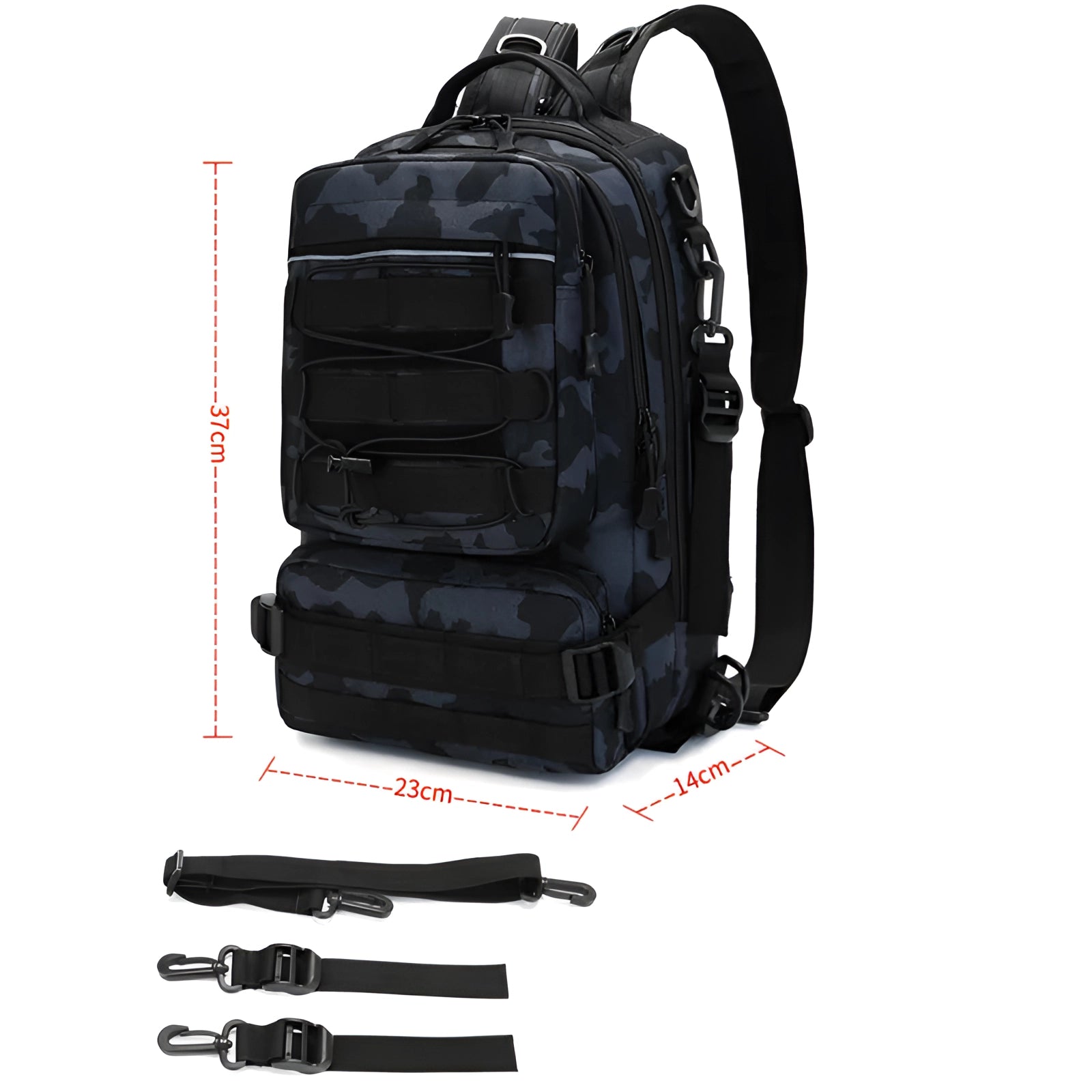 Camouflage waterproof tactical fishing backpack featuring multiple compartments and a rod holder, designed for outdoor activities and travel.