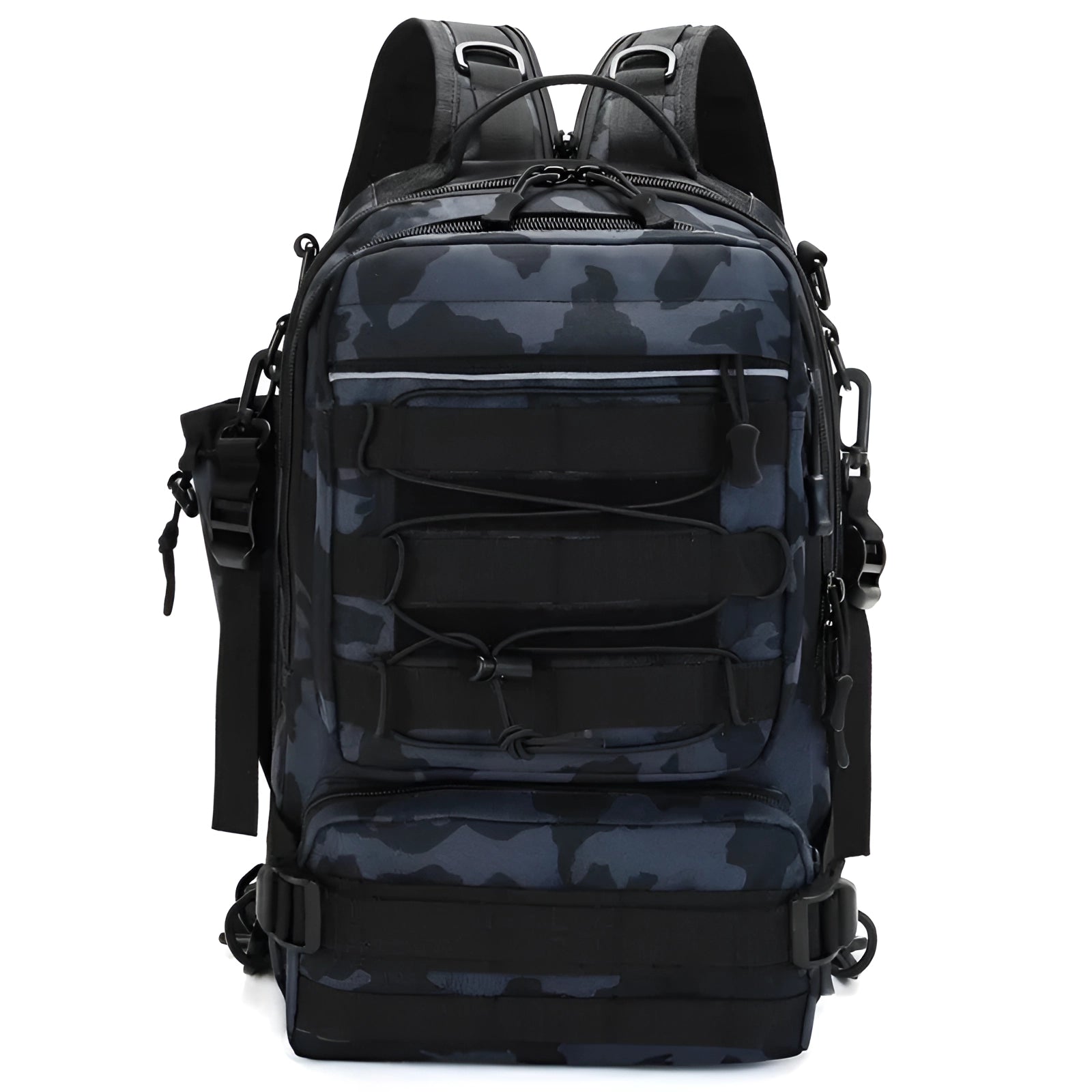 Black camouflage waterproof tactical fishing backpack with rod holder, designed for travel and outdoor activities.