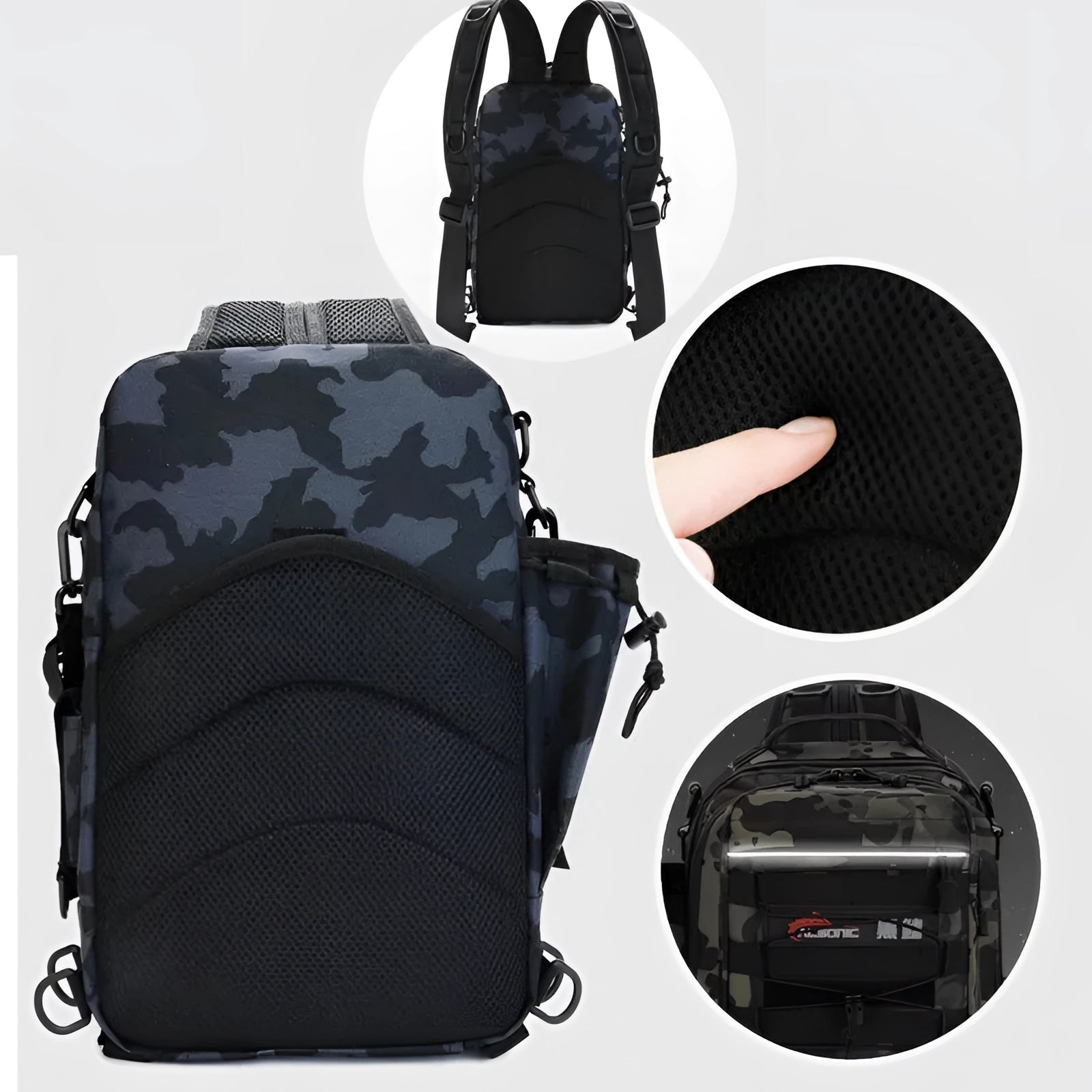 Camouflage waterproof tactical fishing backpack with rod holder, featuring a black pattern, designed for outdoor activities and storage.