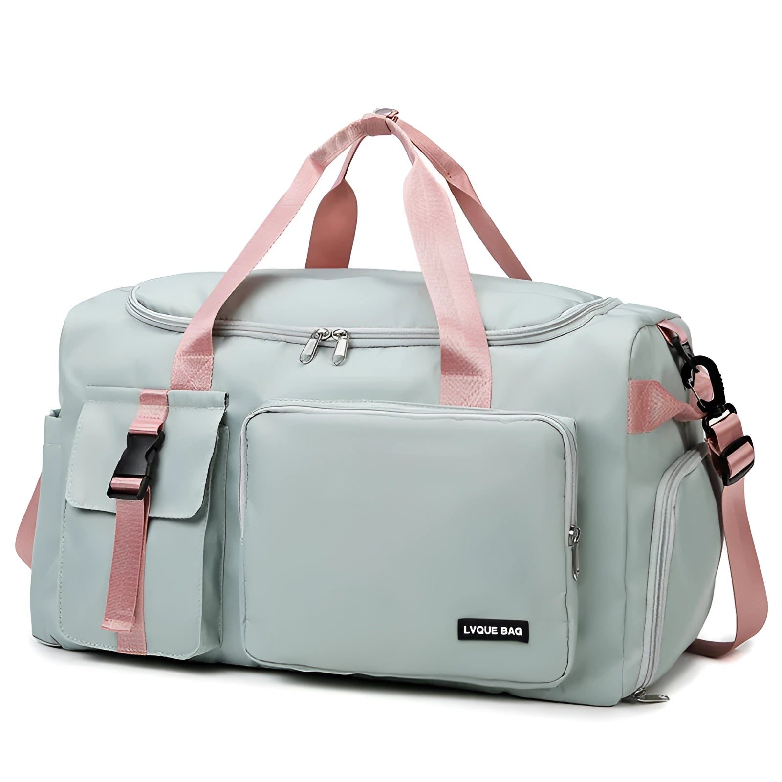 Chic green convertible travel bag featuring a water-resistant design, suitable for use as both a duffel and a backpack, ideal for travel and versatile carrying options.