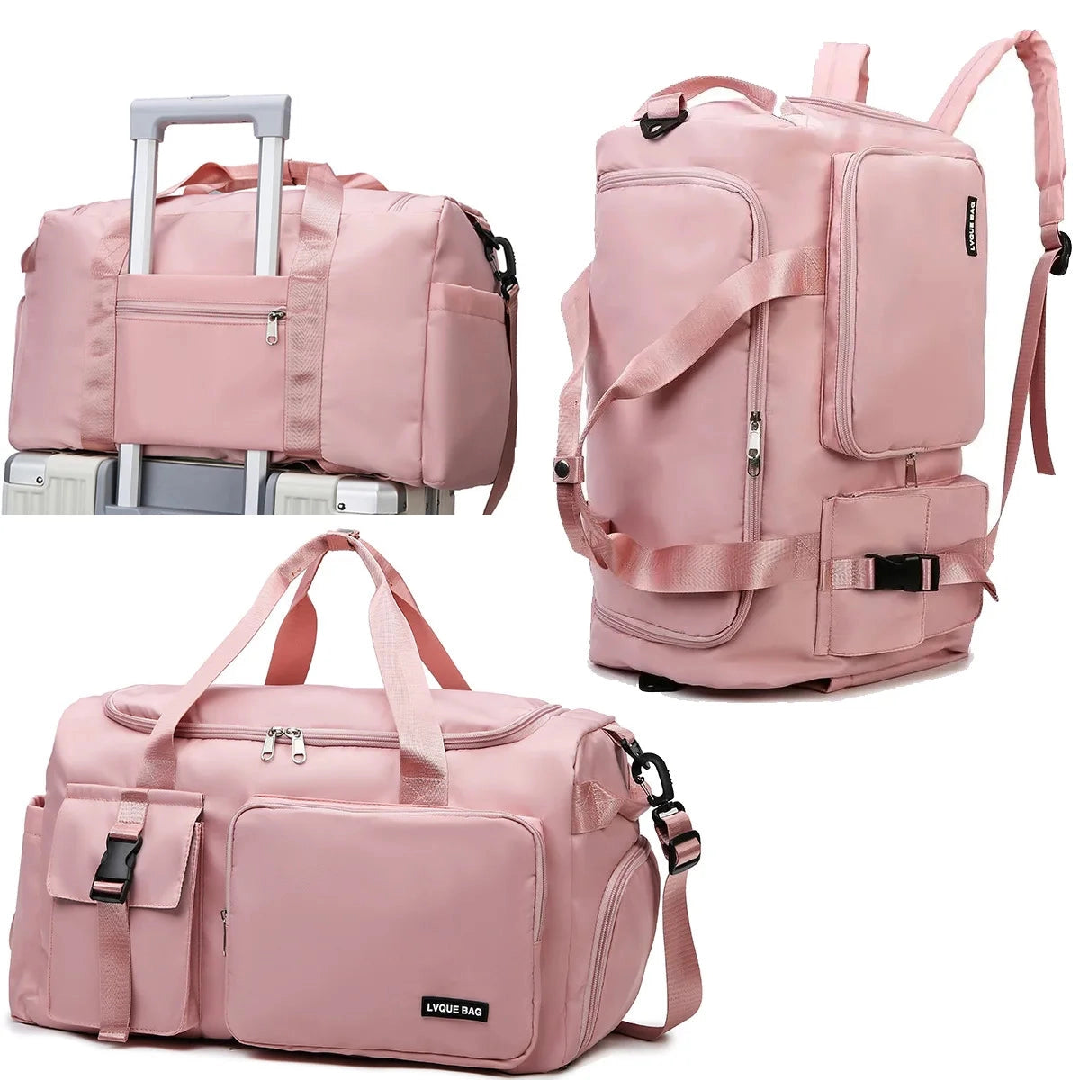 Chic pink convertible travel bag designed for versatility, featuring water-resistant material and functioning as both a duffel and backpack.