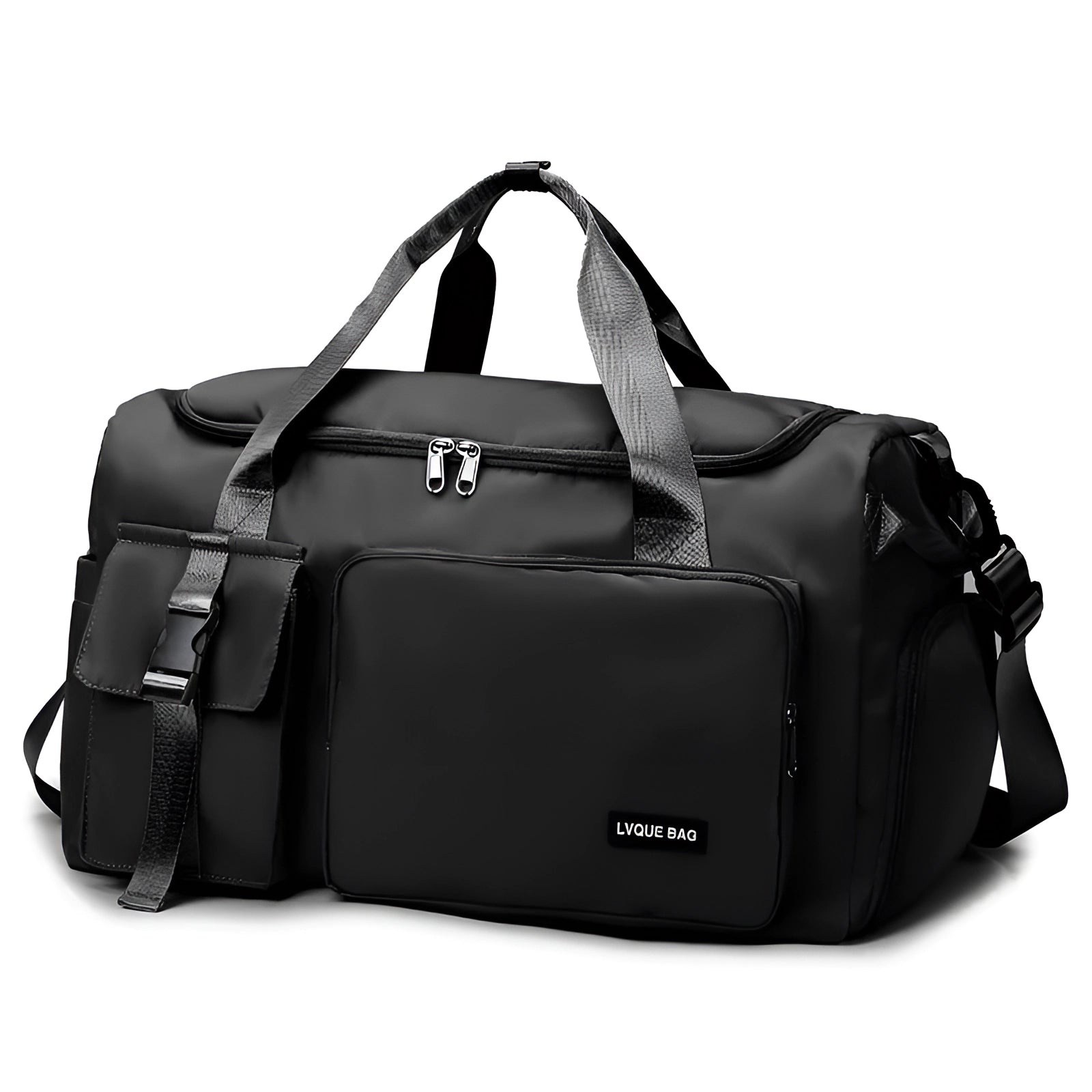 Chic black convertible travel bag in a sleek design, featuring a water-resistant material. The bag functions as both a duffel and a backpack, showcasing stylish metal accents and composite materials, ideal for fashion-forward travelers.