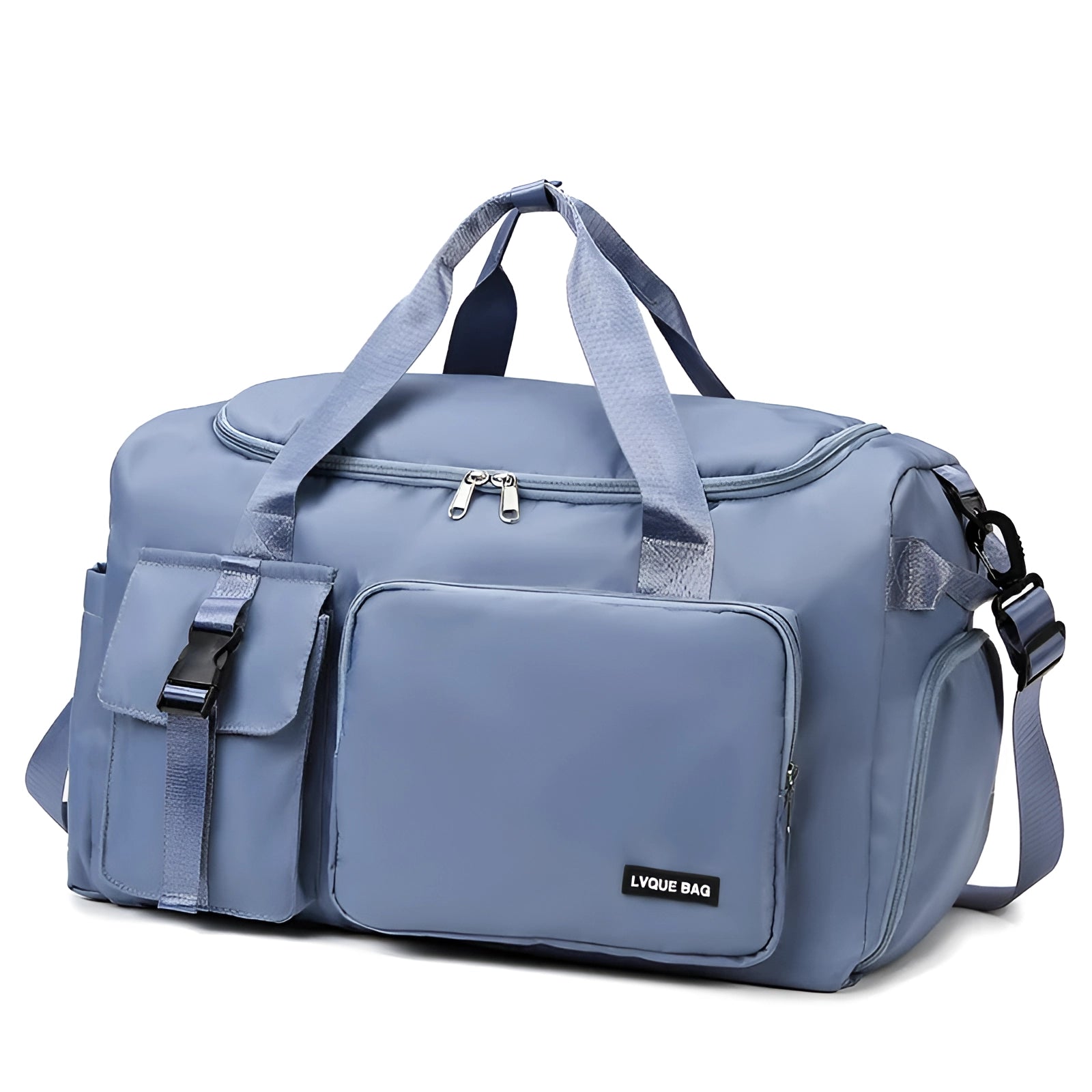 Blue convertible travel bag that functions as both a duffel and a backpack, featuring a sleek design and water-resistant material.