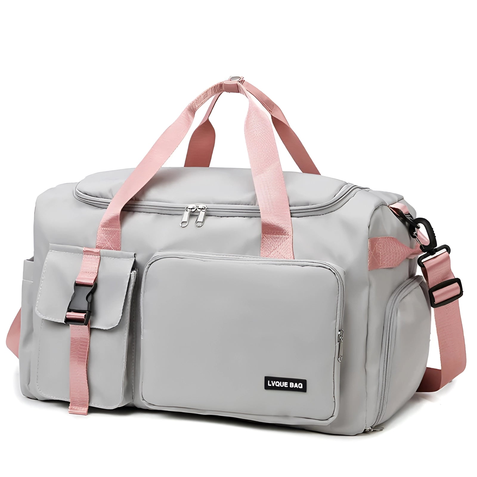 Chic pink convertible travel bag in a grey variant, featuring a duffel and backpack design, suitable for travel with water-resistant material.