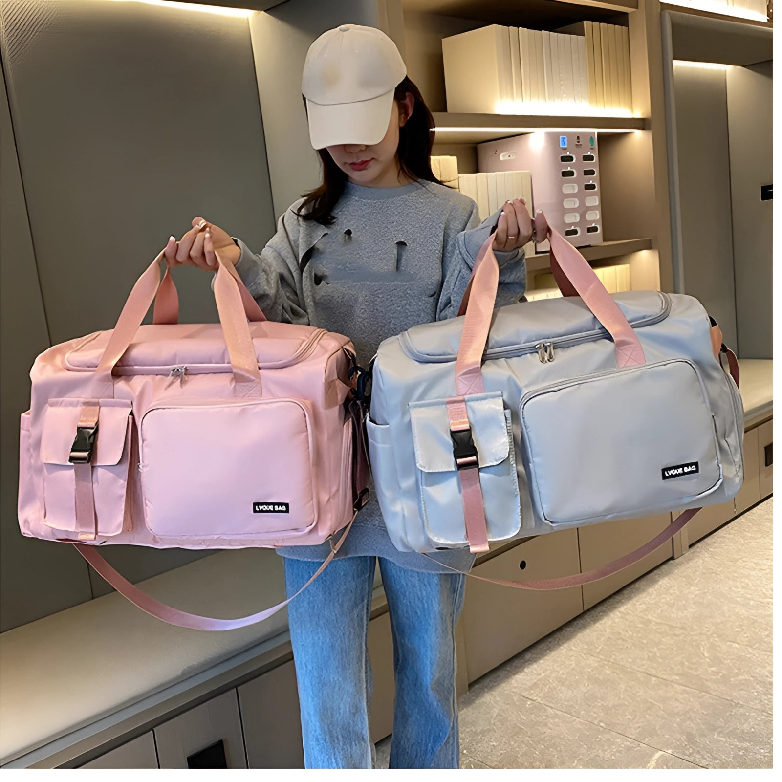 Chic pink convertible travel bag displayed as both a duffel and backpack, showcasing its versatility for travel. The bag features a water-resistant material, with adjustable shoulder straps and ample storage space, ideal for efficient packing.