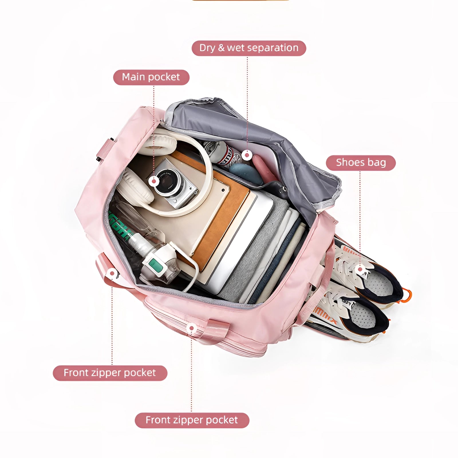 A chic pink convertible travel bag designed for versatility, featuring a water-resistant exterior that functions both as a duffel and a backpack.