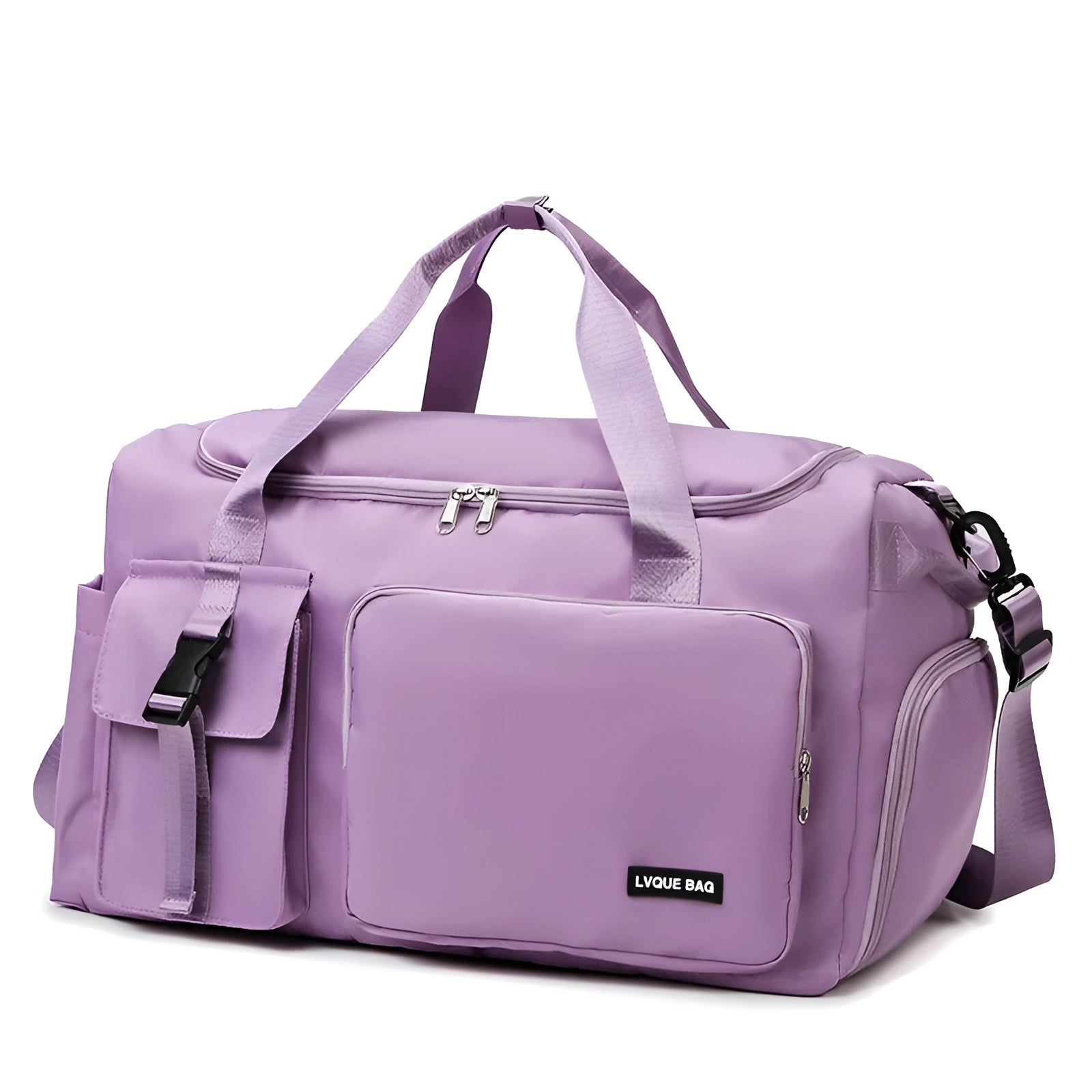 Chic purple convertible travel bag displayed as a water-resistant duffel and backpack, featuring a stylish design suitable for travel, with shoulder straps for easy carrying.