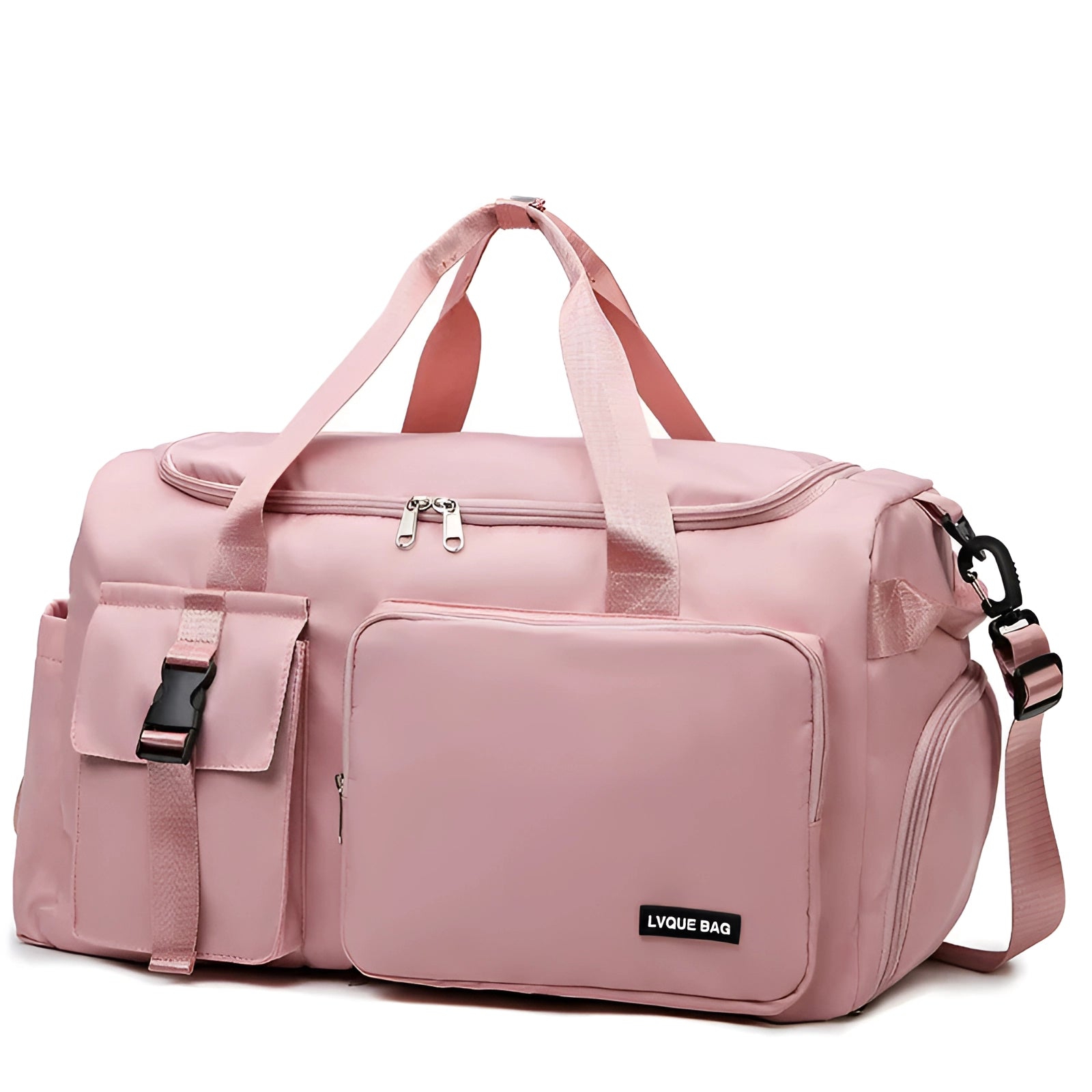 Chic pink convertible travel bag in a magenta shade, featuring a water-resistant material and multifunctional design that allows it to be used as both a duffel and a backpack, ideal for travel and fashion-conscious individuals.