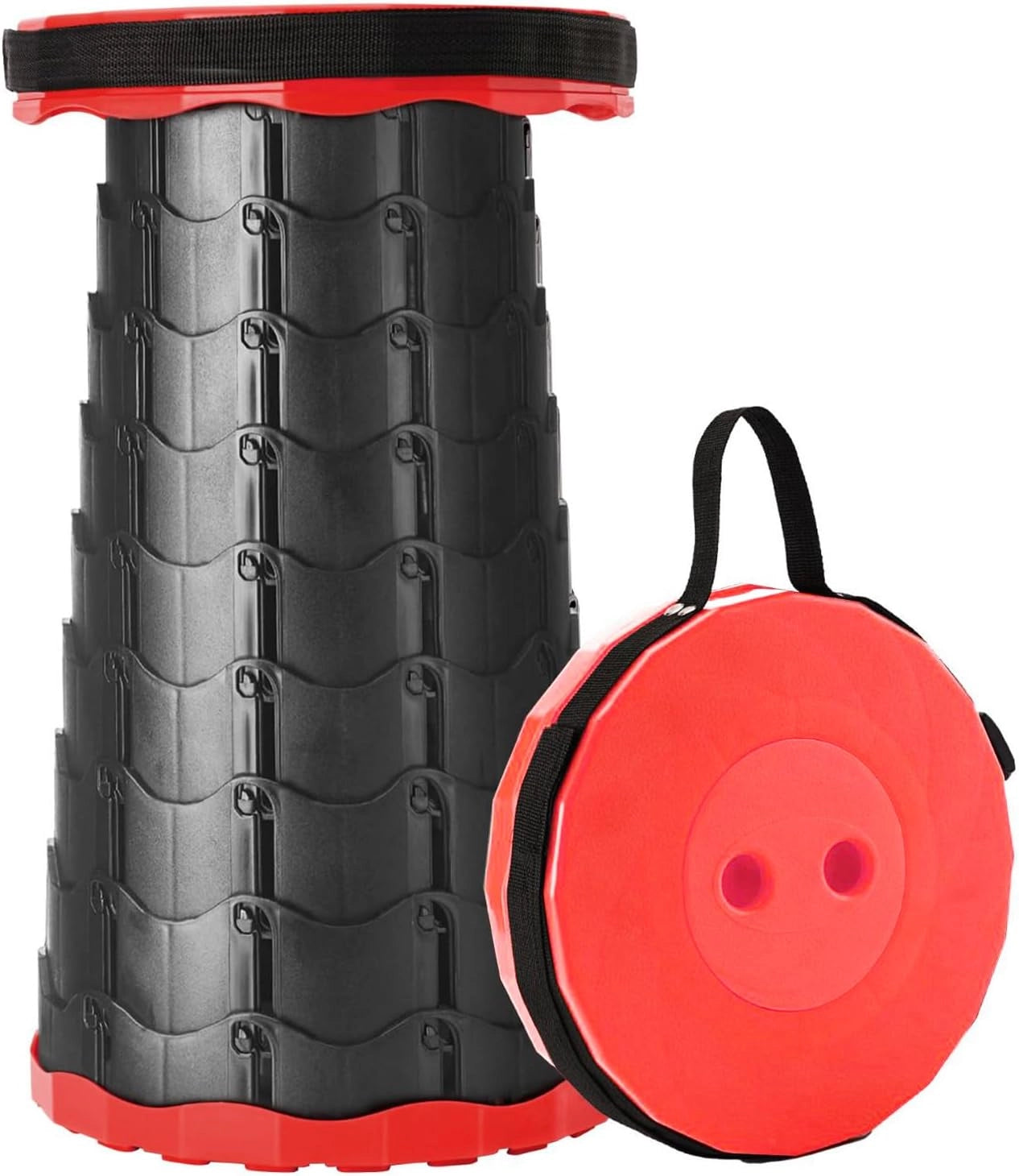 Collapsible telescopic camping stools - lightweight durable travel seats with cylindrical design and compact structure.