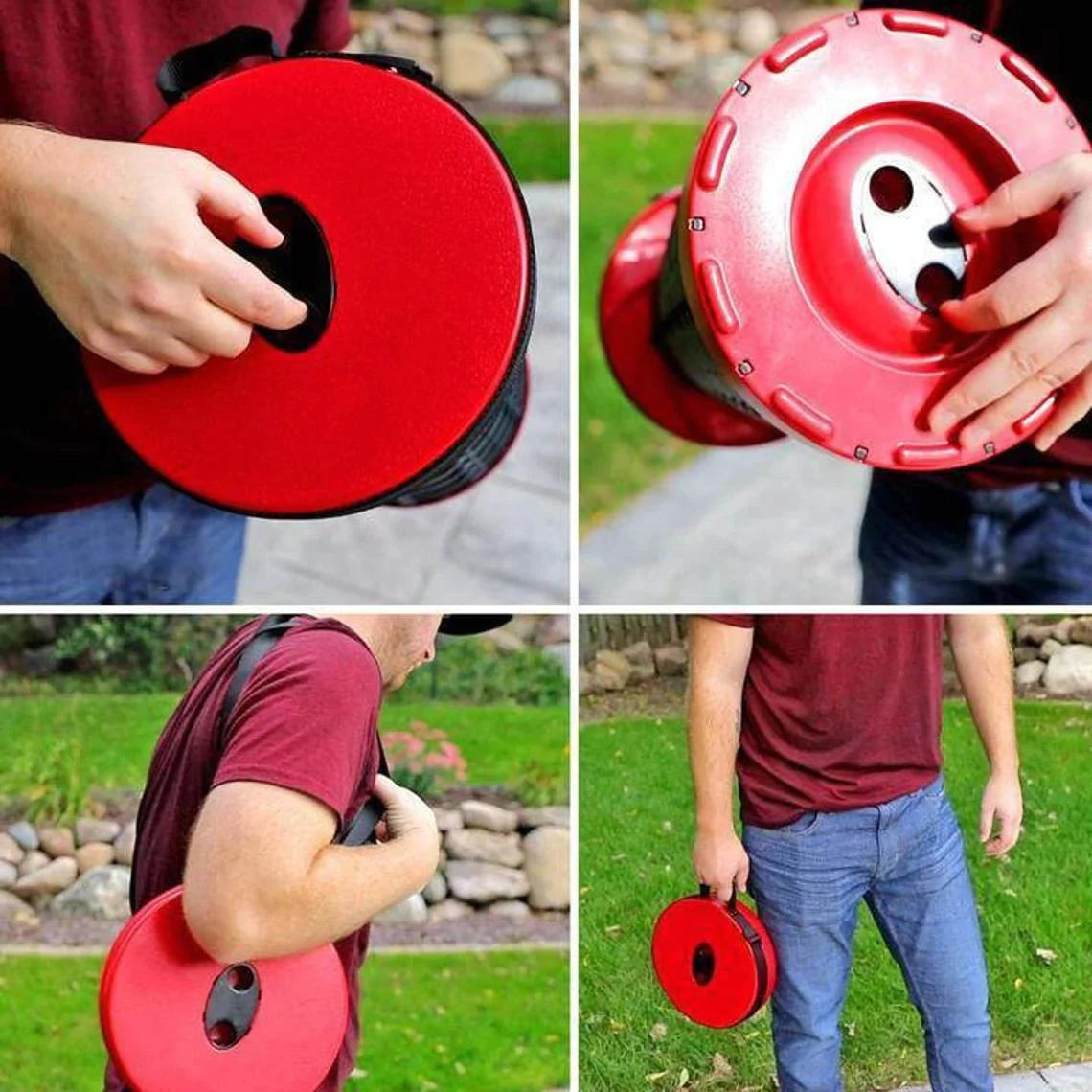 Collapsible telescopic camping stool placed on grass with a person in a red T-shirt and hat sitting on it.