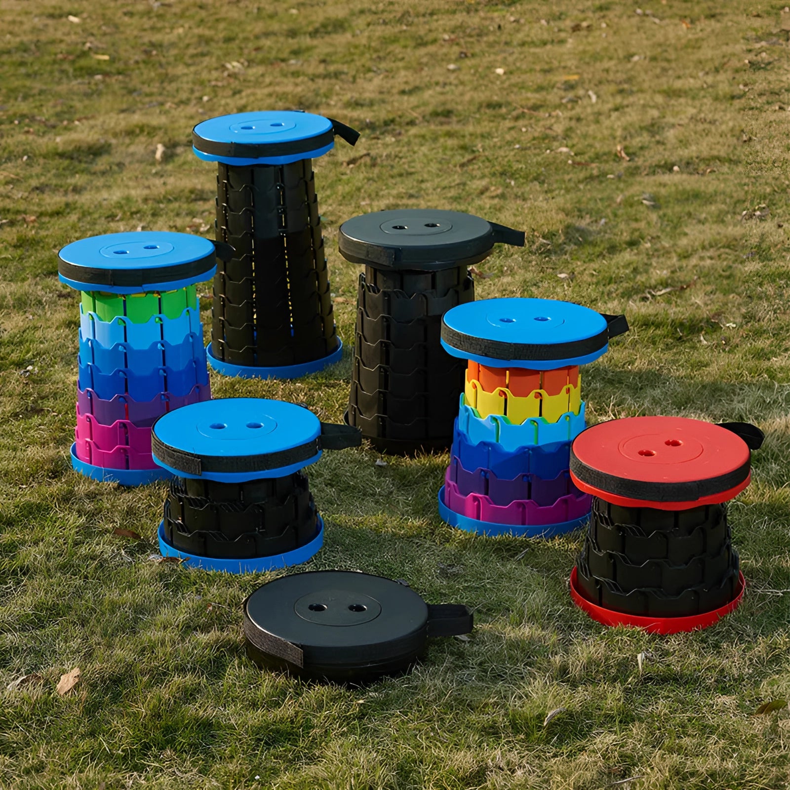 Collapsible telescopic camping stools placed on a grassy landscape.