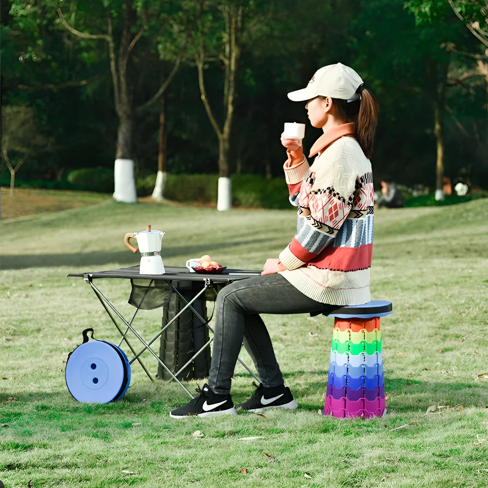 Collapsible telescopic camping stools set up on grass in a sunny outdoor recreational area with trees and plants in the background.