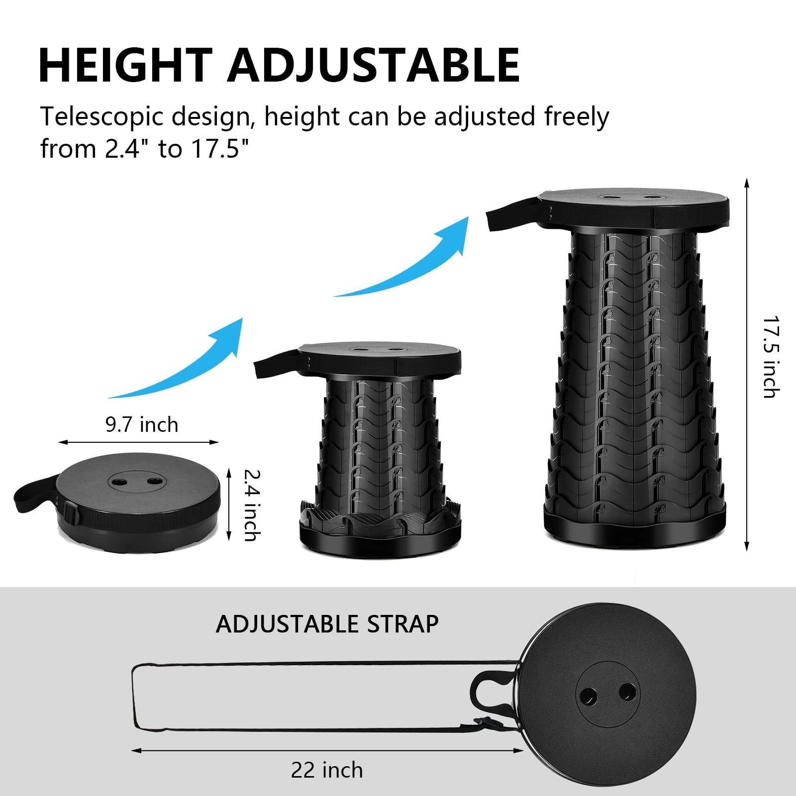 Collapsible telescopic camping stools, lightweight and durable travel seats, shown in a compact, portable form.