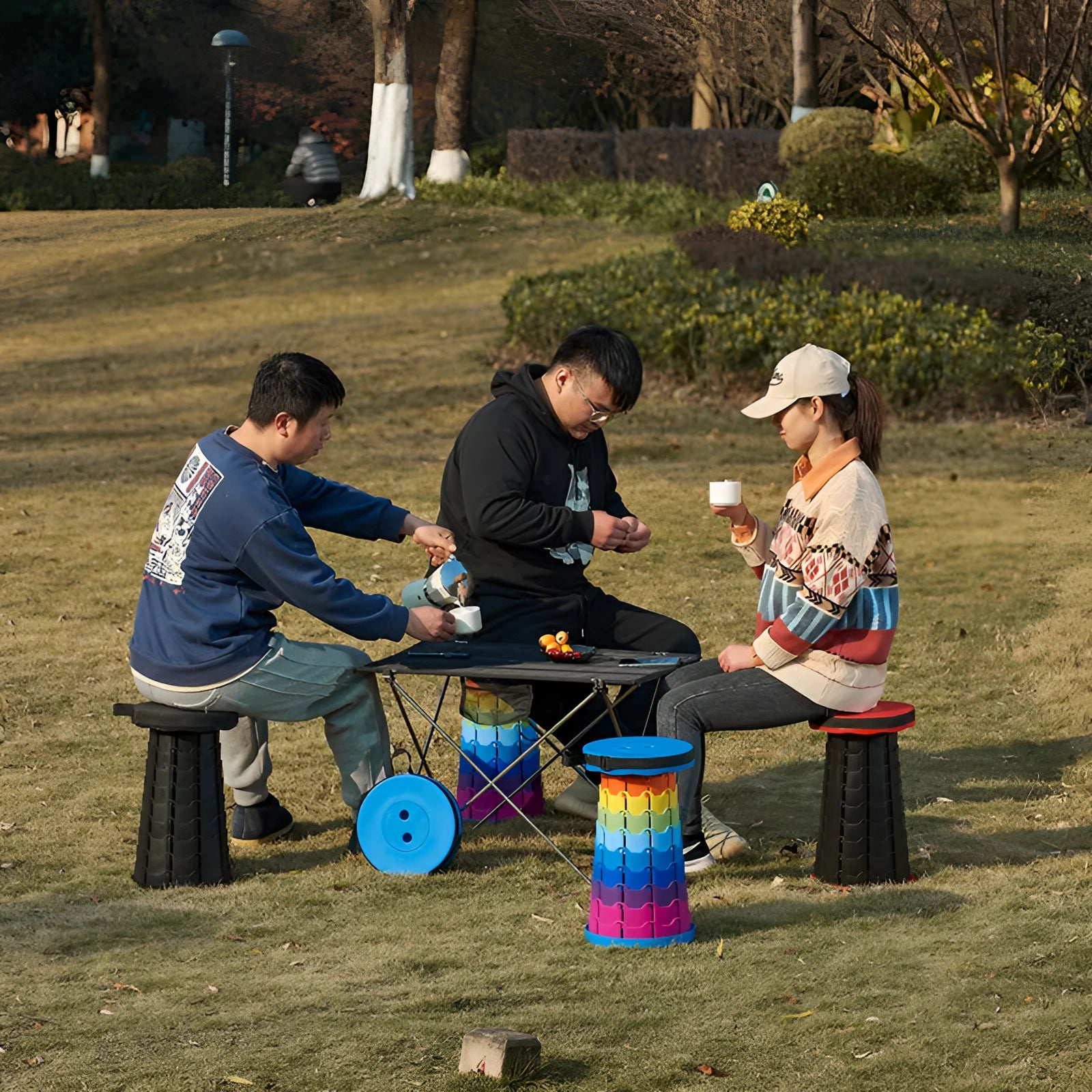 Collapsible telescopic camping stools set up outdoors on grass near trees and a bench in a public park.