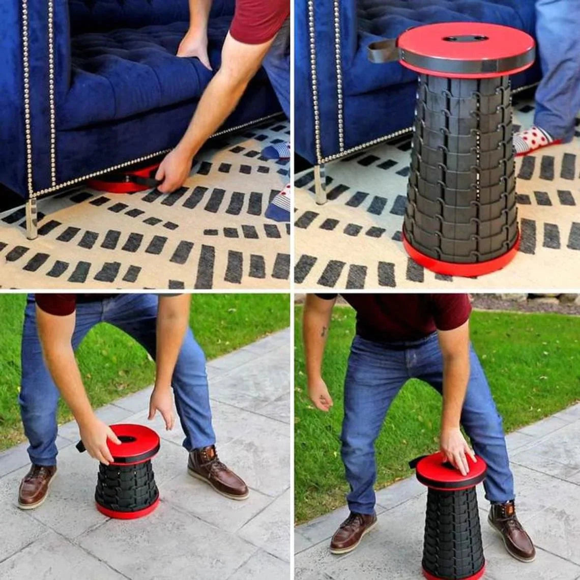 Collapsible telescopic camping stools in blue and red tartan pattern, lightweight and durable for travel.