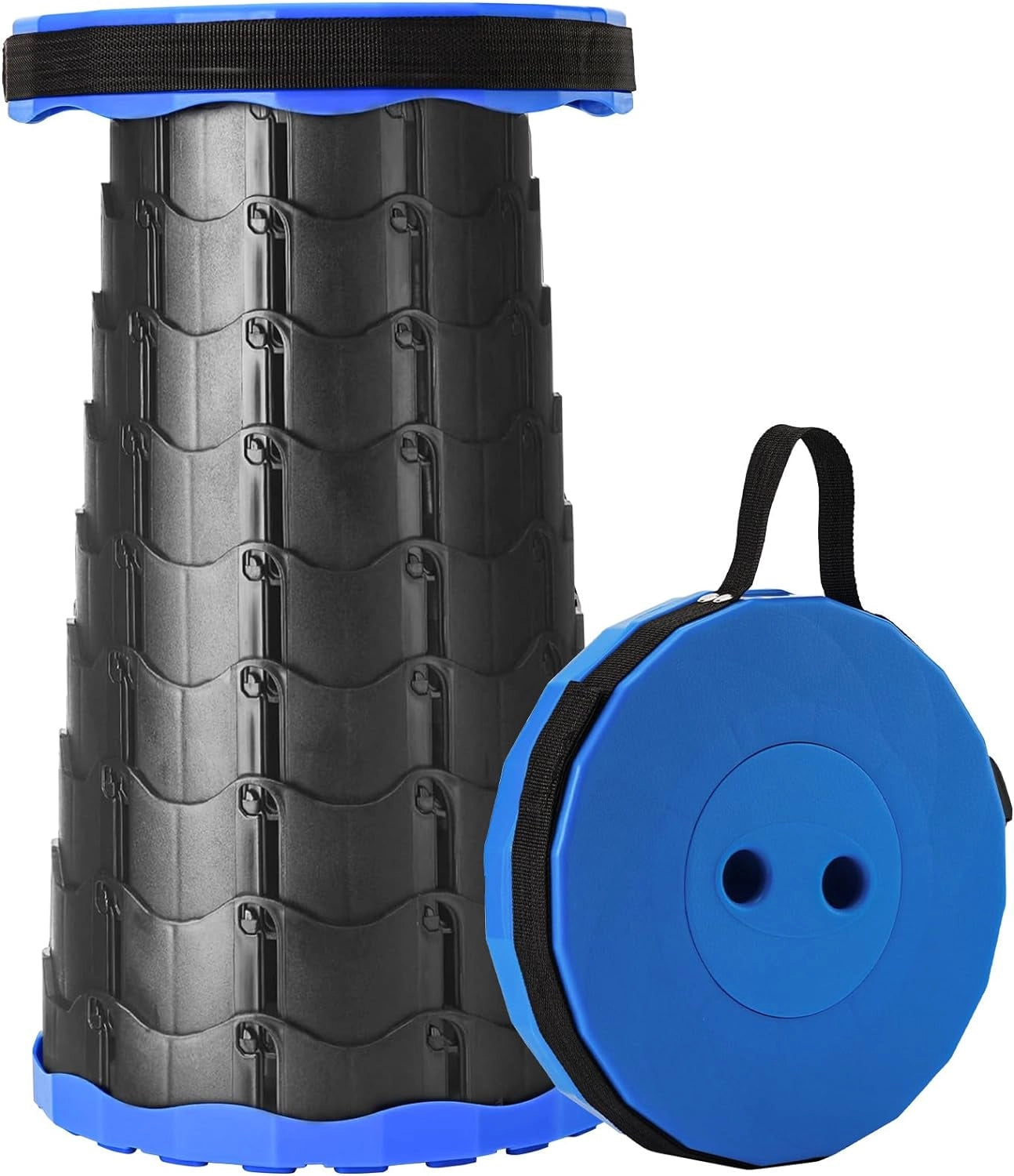 Collapsible telescopic camping stools, lightweight and durable travel seats, shown in a compact, cylindrical form with a blue color theme against a white background.