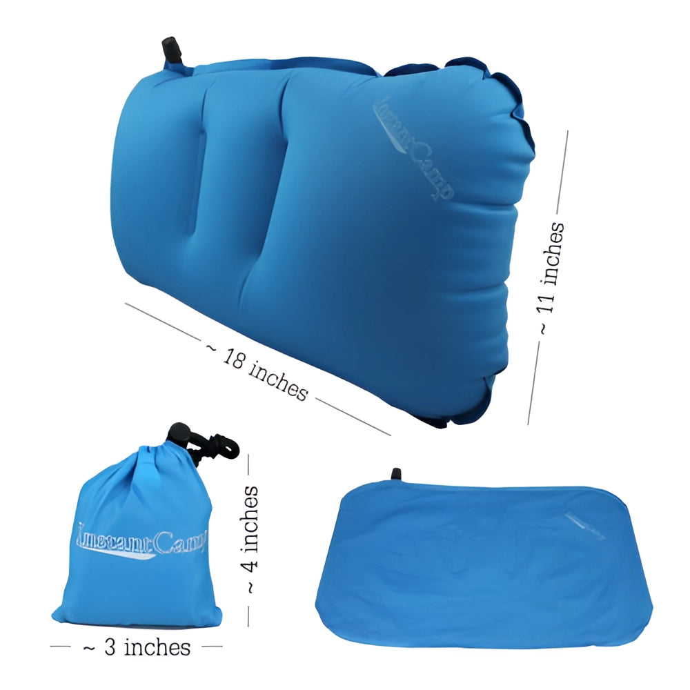 Compact lightweight blue inflatable camping pillow, easy to inflate, portable, designed for comfort during outdoor recreation.