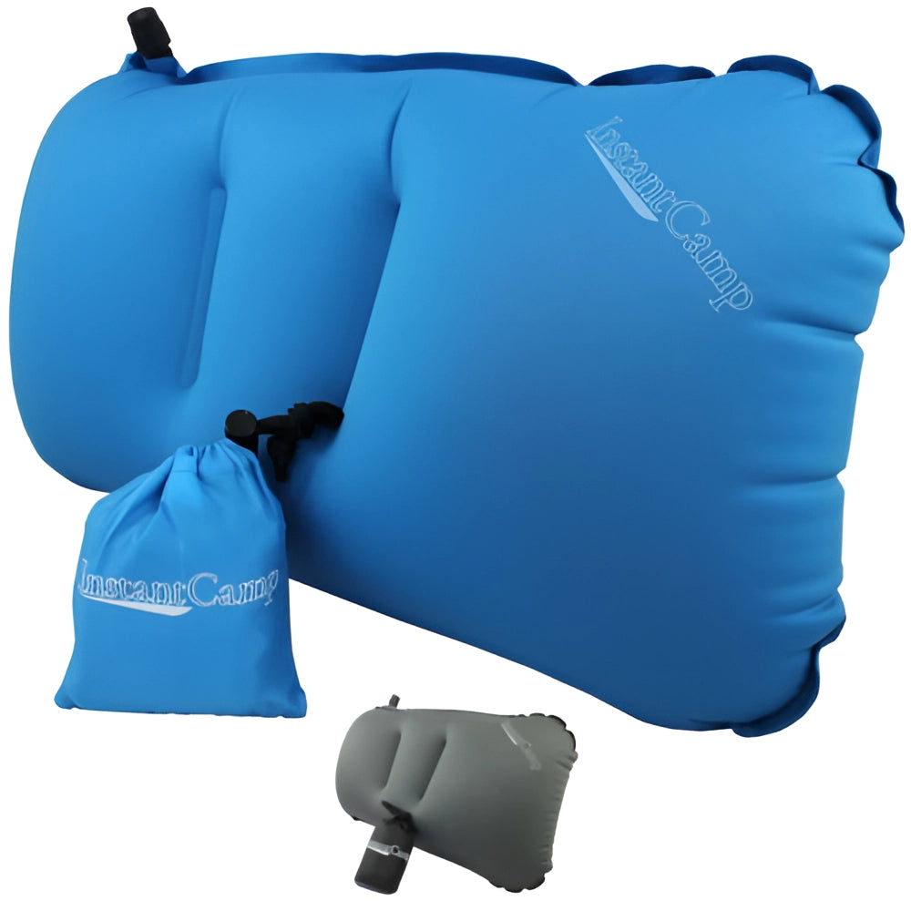 Compact lightweight inflatable camping pillow in electric blue color, easy to inflate, portable, shown with a carrying bag.