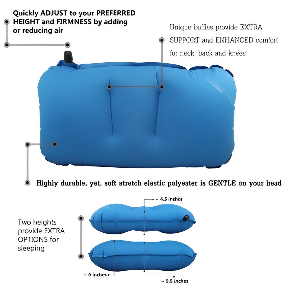 Compact lightweight blue inflatable camping pillow, easy to inflate, portable, rectangular shape, ideal for comfort during outdoor activities.