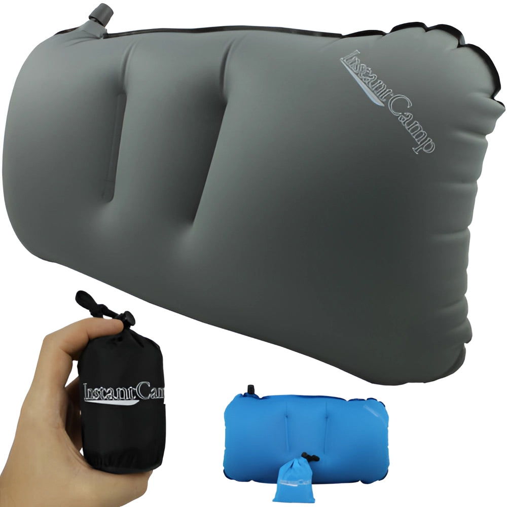 Compact lightweight inflatable camping pillow, easy to inflate, portable, blue color, shown deflated and folded for portability.