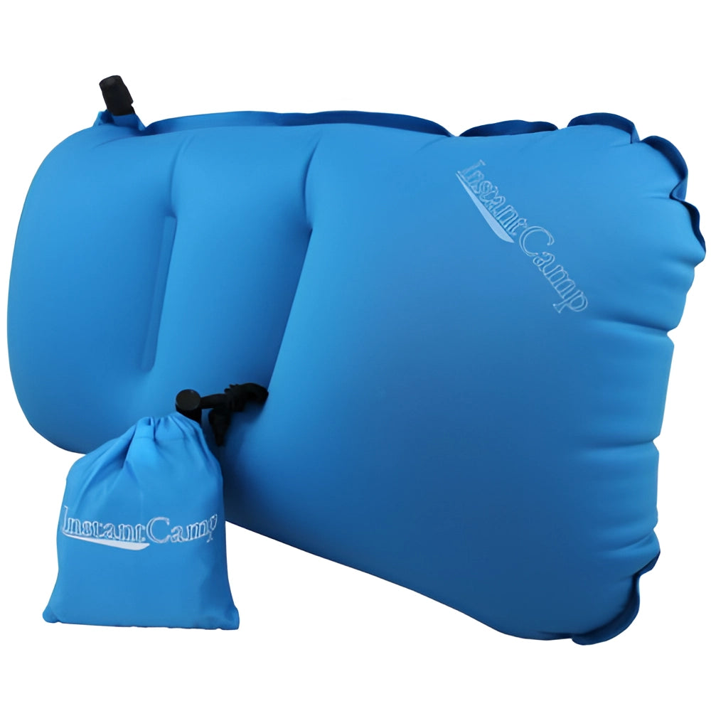 Compact lightweight inflatable camping pillow in blue, easy to inflate and portable.