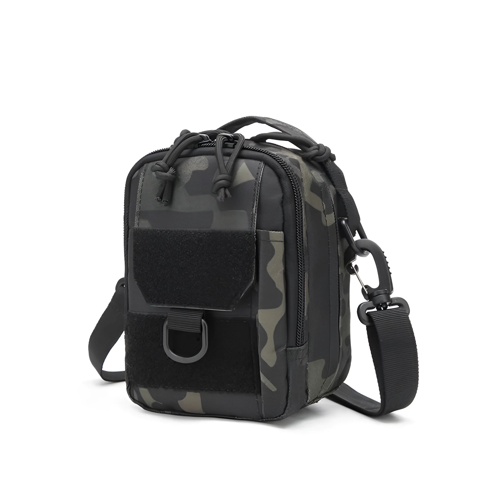 Compact tactical sling bag in black CP variant featuring a MOLLE system, designed for everyday carry and outdoor gear organization. The bag has a sleek, modern look, crafted from durable composite materials, and includes multiple compartments for efficient storage.