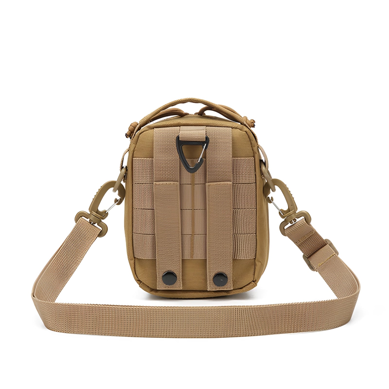 Compact beige tactical sling bag with a rectangular shape, designed as an EDC outdoor gear organizer featuring a MOLLE system, suitable for travel and equipped with a handle for easy carrying.